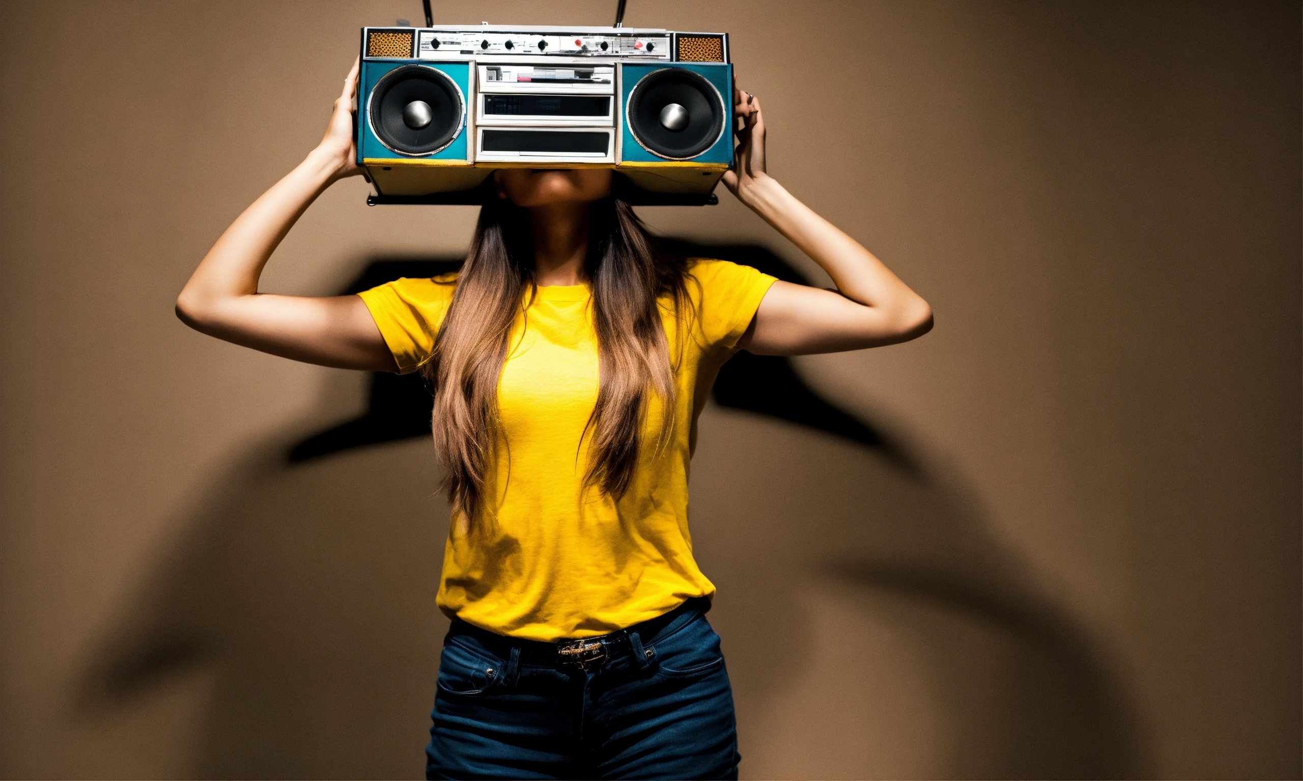Lexica A woman holding a boombox above her head with a look of