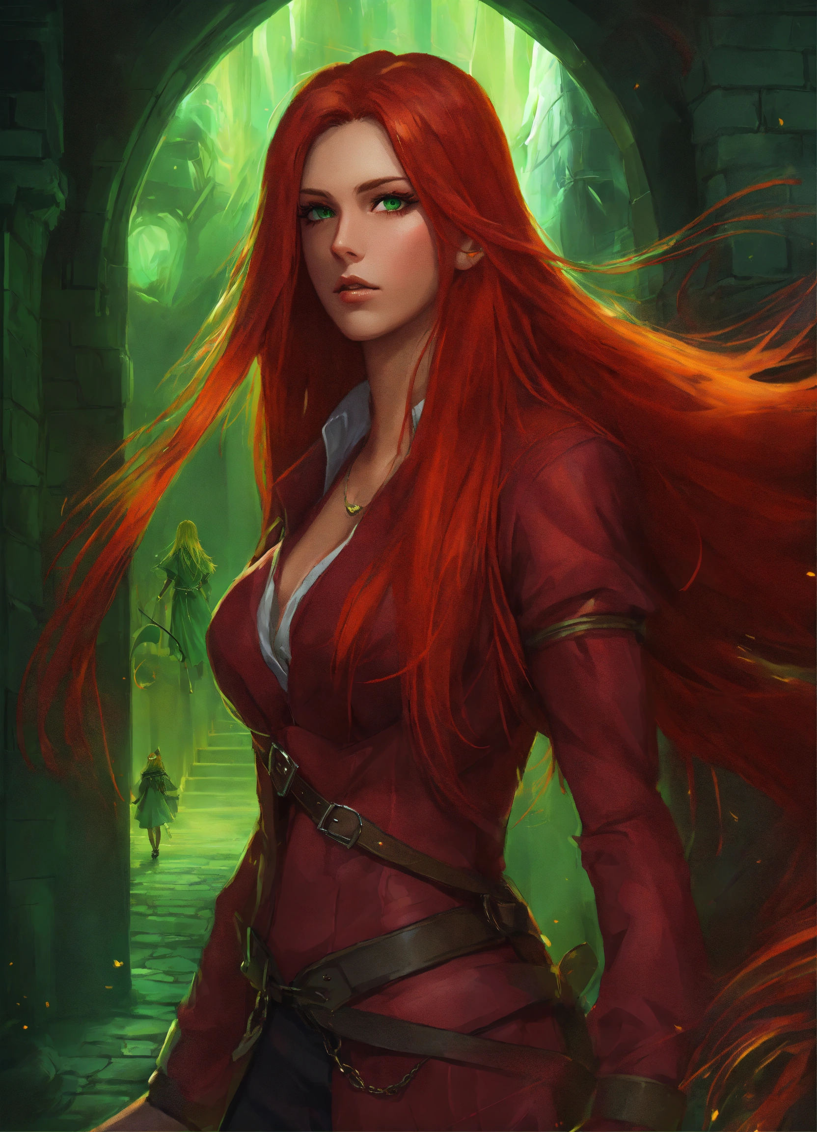 Lexica - Long red hair on a woman with green eyes looking into a rift ...