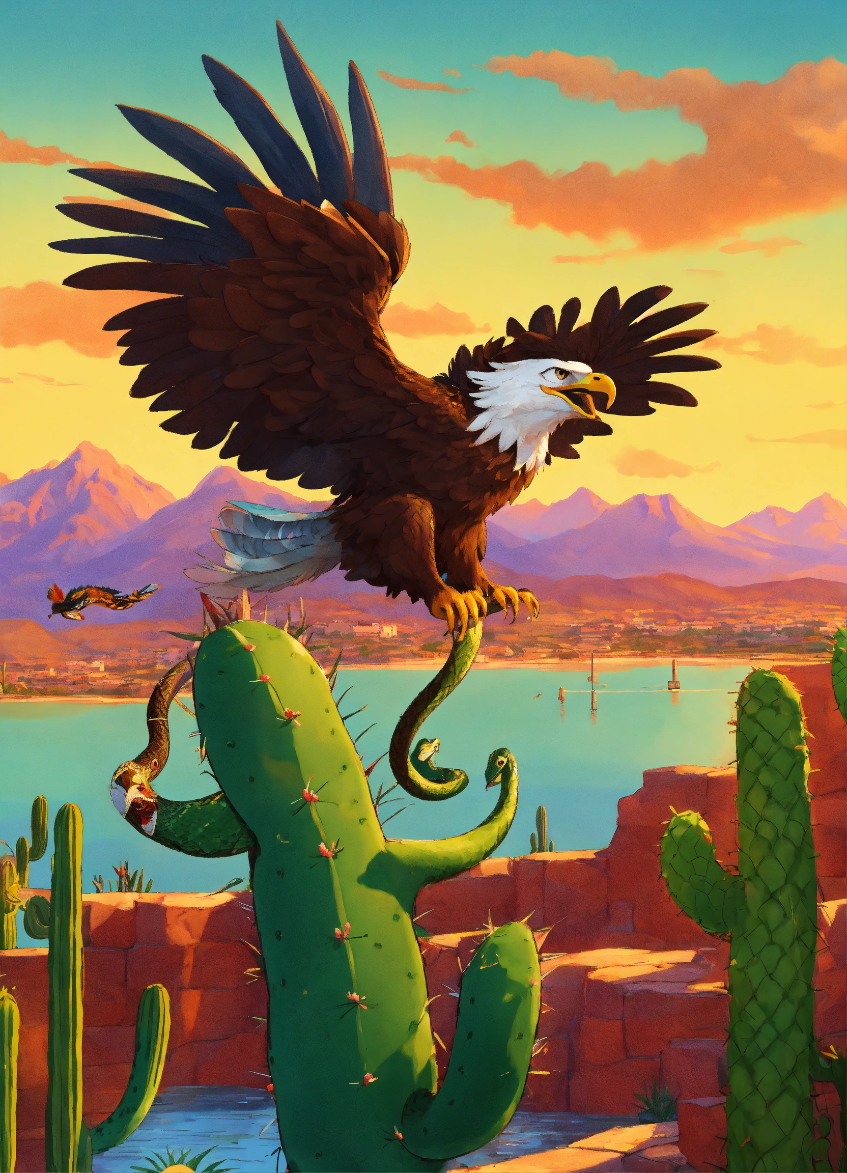 Lexica - Pixar animation of Eagle Devouring ((Snake)) on a cactus ...