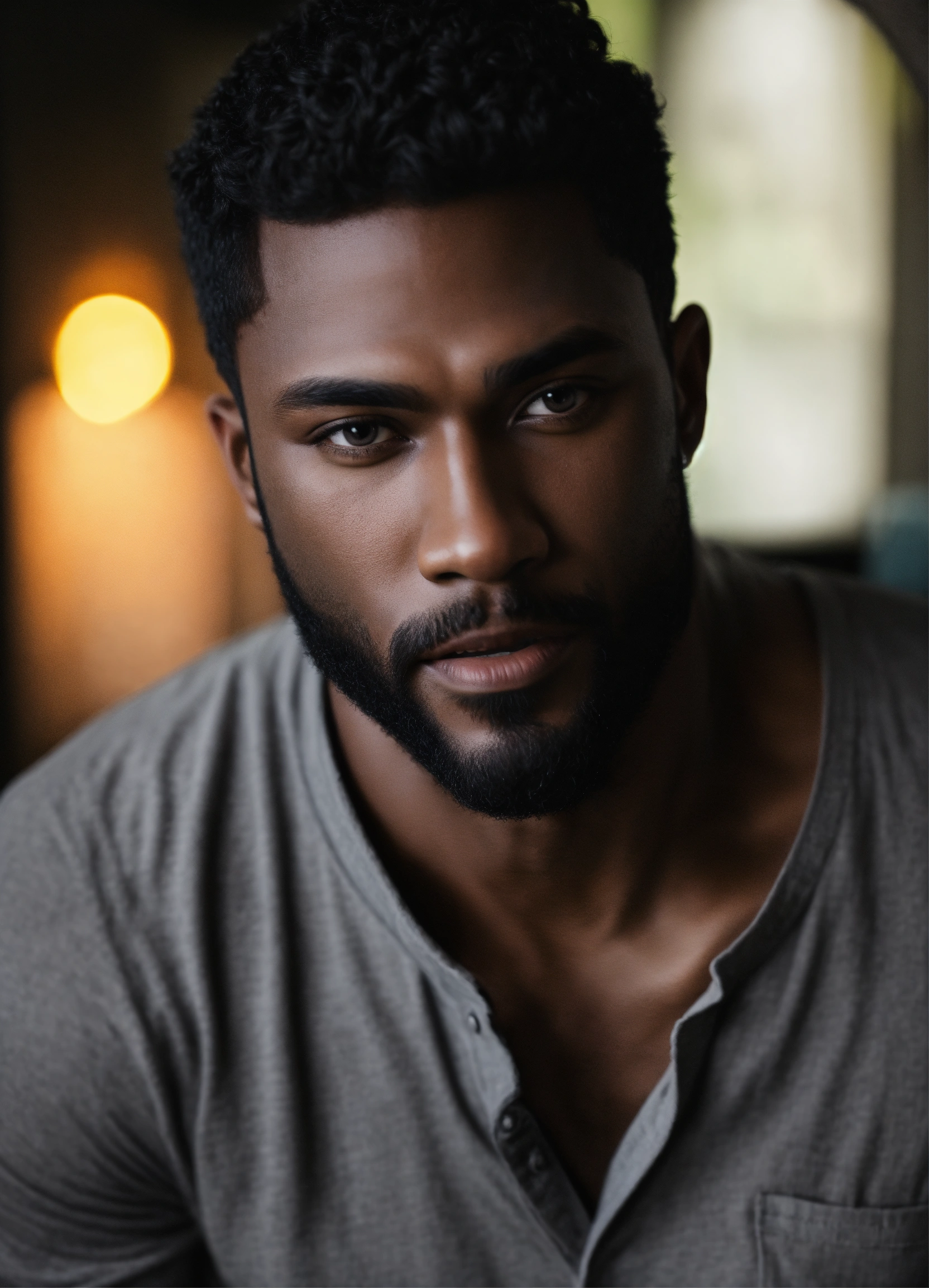 Lexica Handsome Black Male Dark Skin Beard Vampire Gray Henley