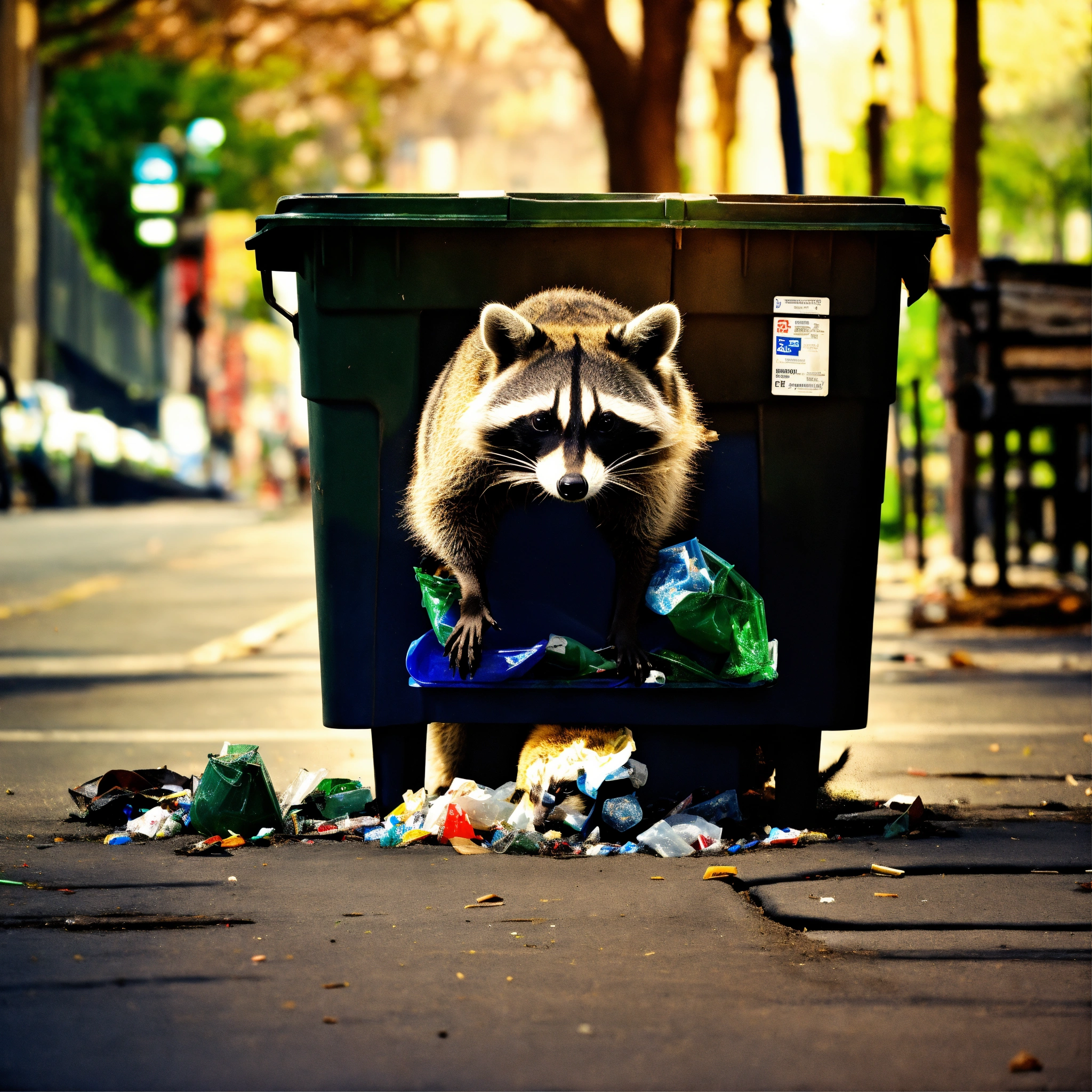 Lexica - A photograph of a raccoon digging through recycling bins, surreal