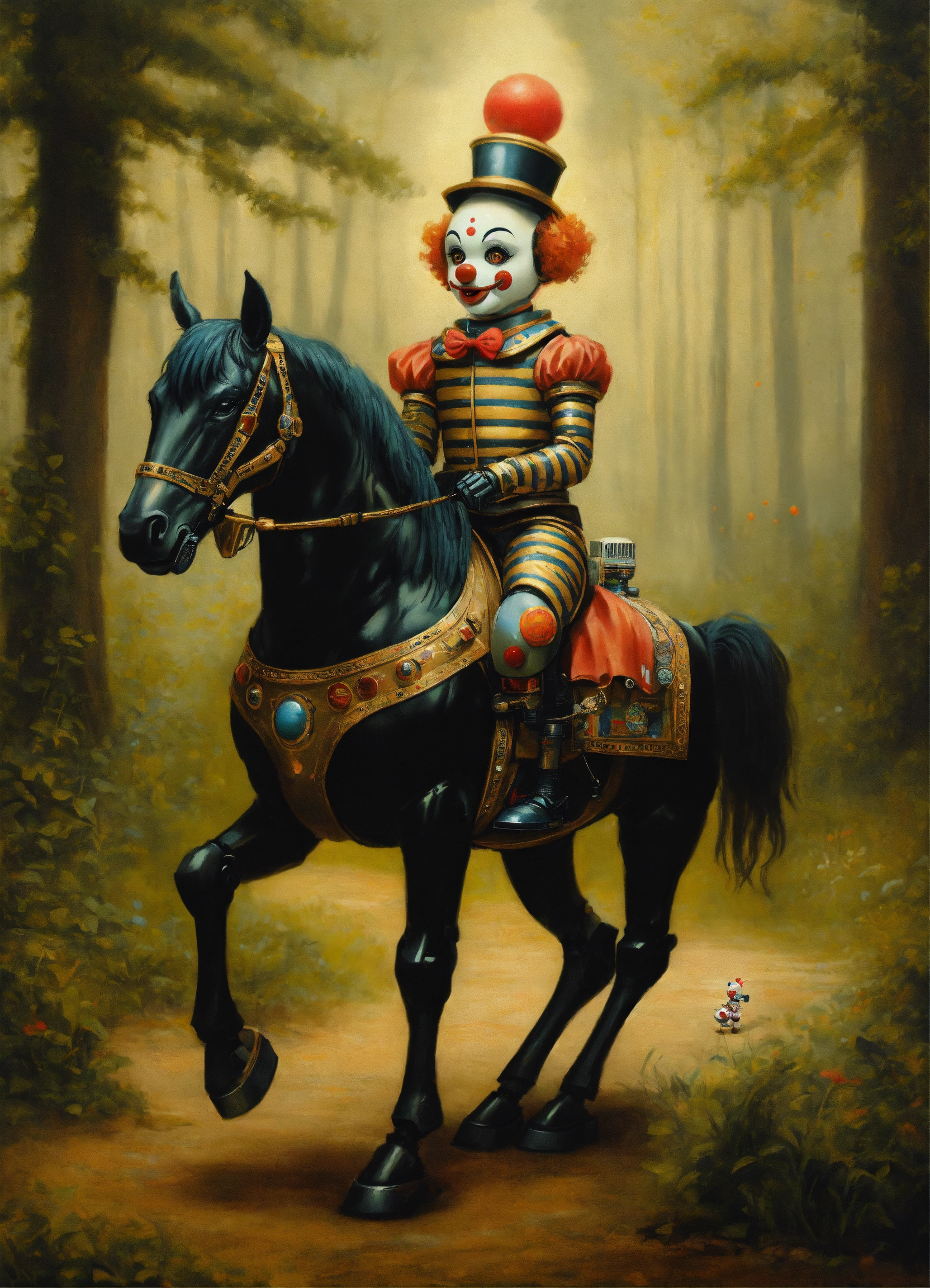 Lexica - A clown robot ride a horse robot tiger black , by Mark Ryden