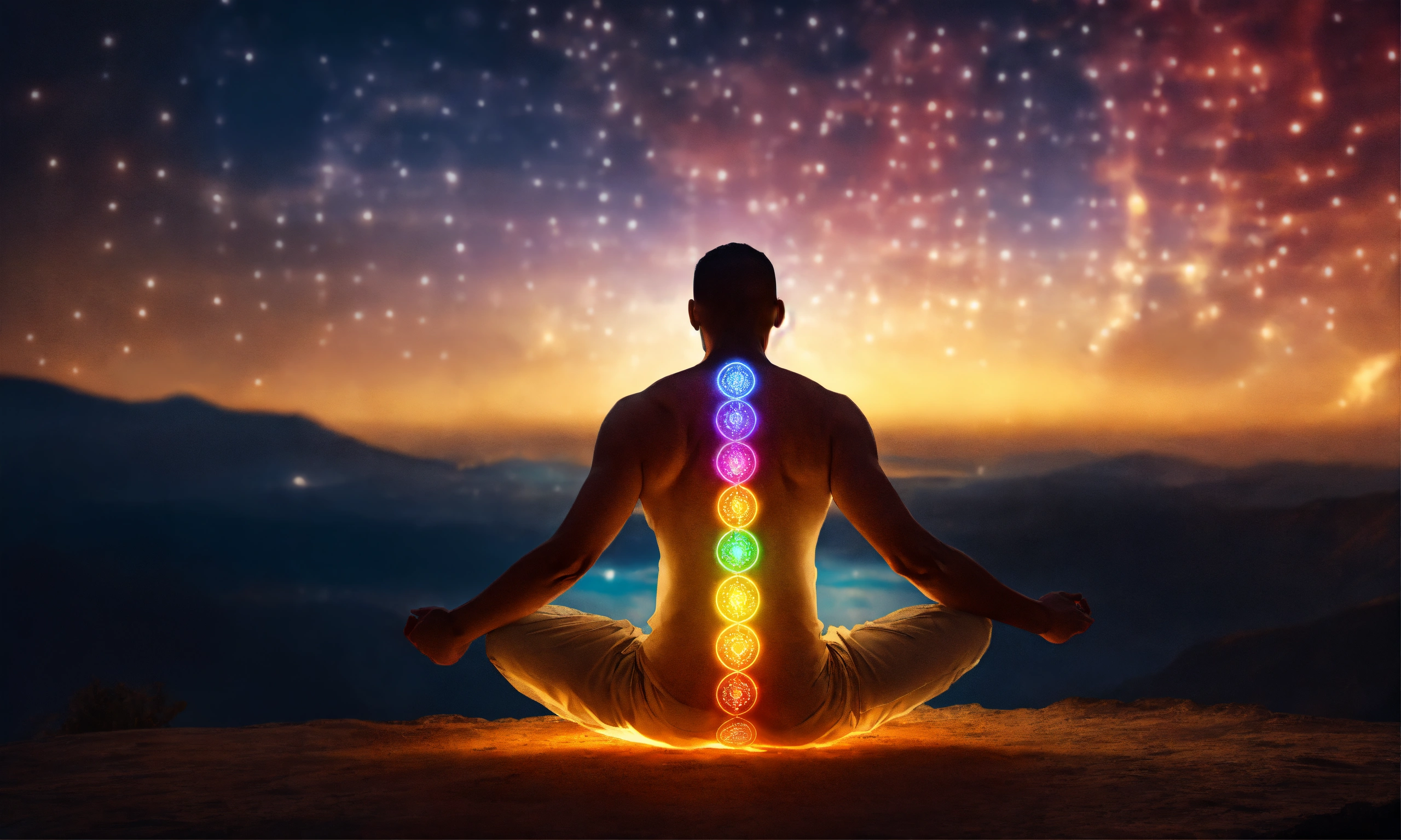 Lexica - Man sitting, chakras lit up, 4k, high resolution, photo quality