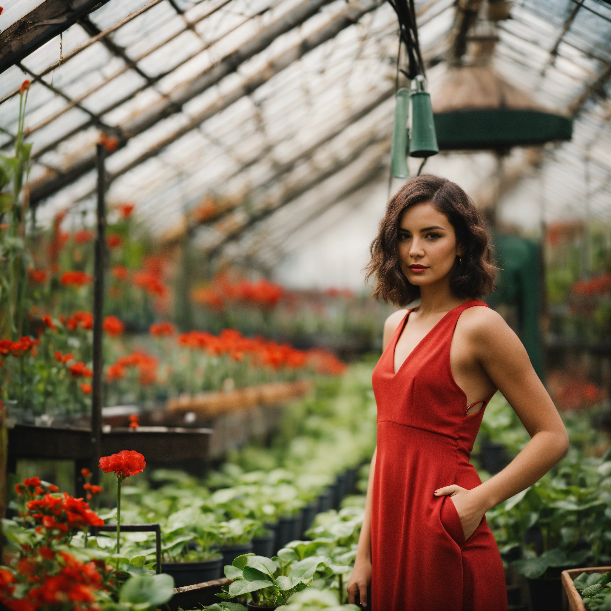Lexica - A woman wearing a red dress in a greenhouse