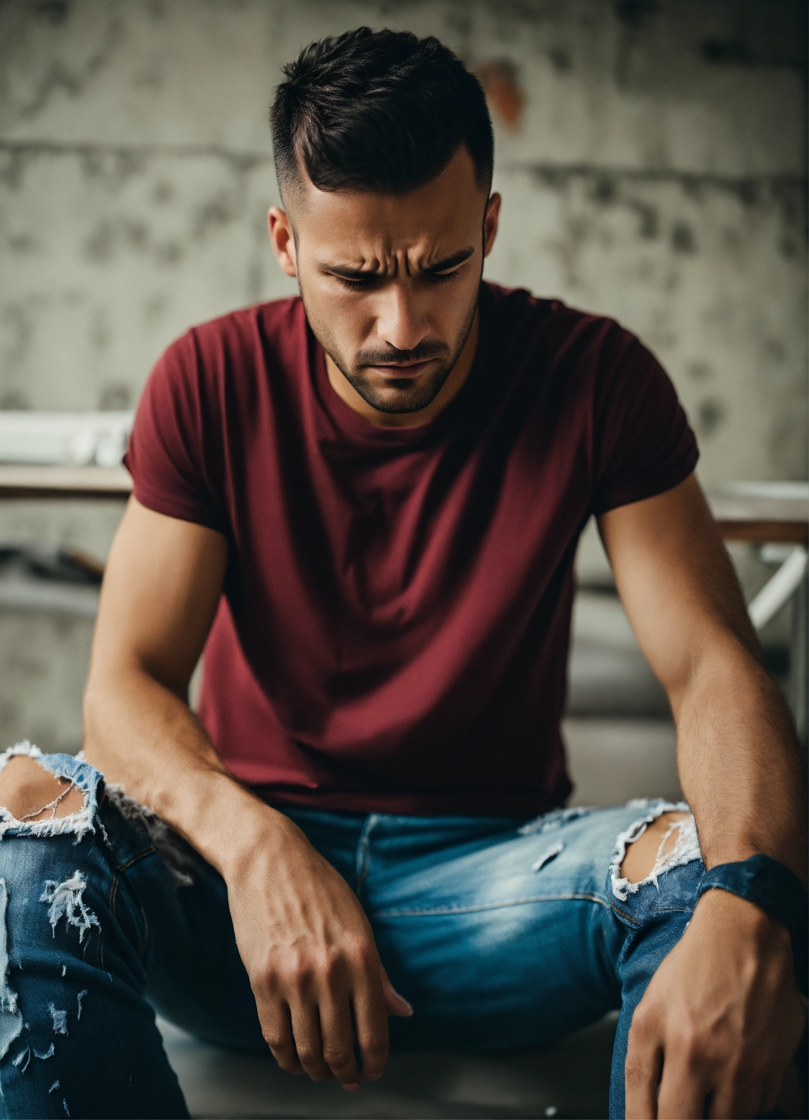 Lexica - Frustrated man wearing torn jeans and t-shirt