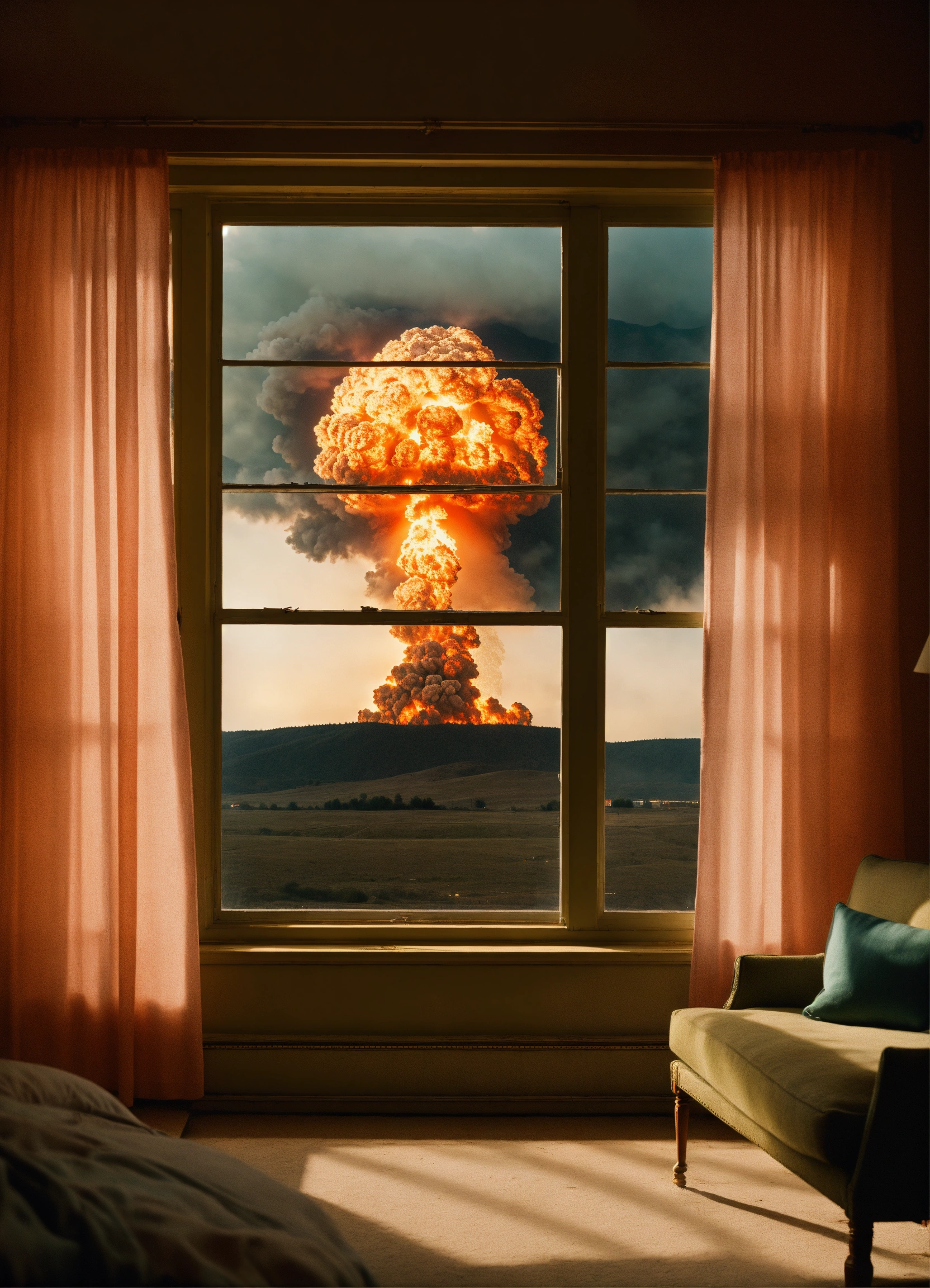 Lexica - A photograph of a nuclear explosion through a window, rear ...