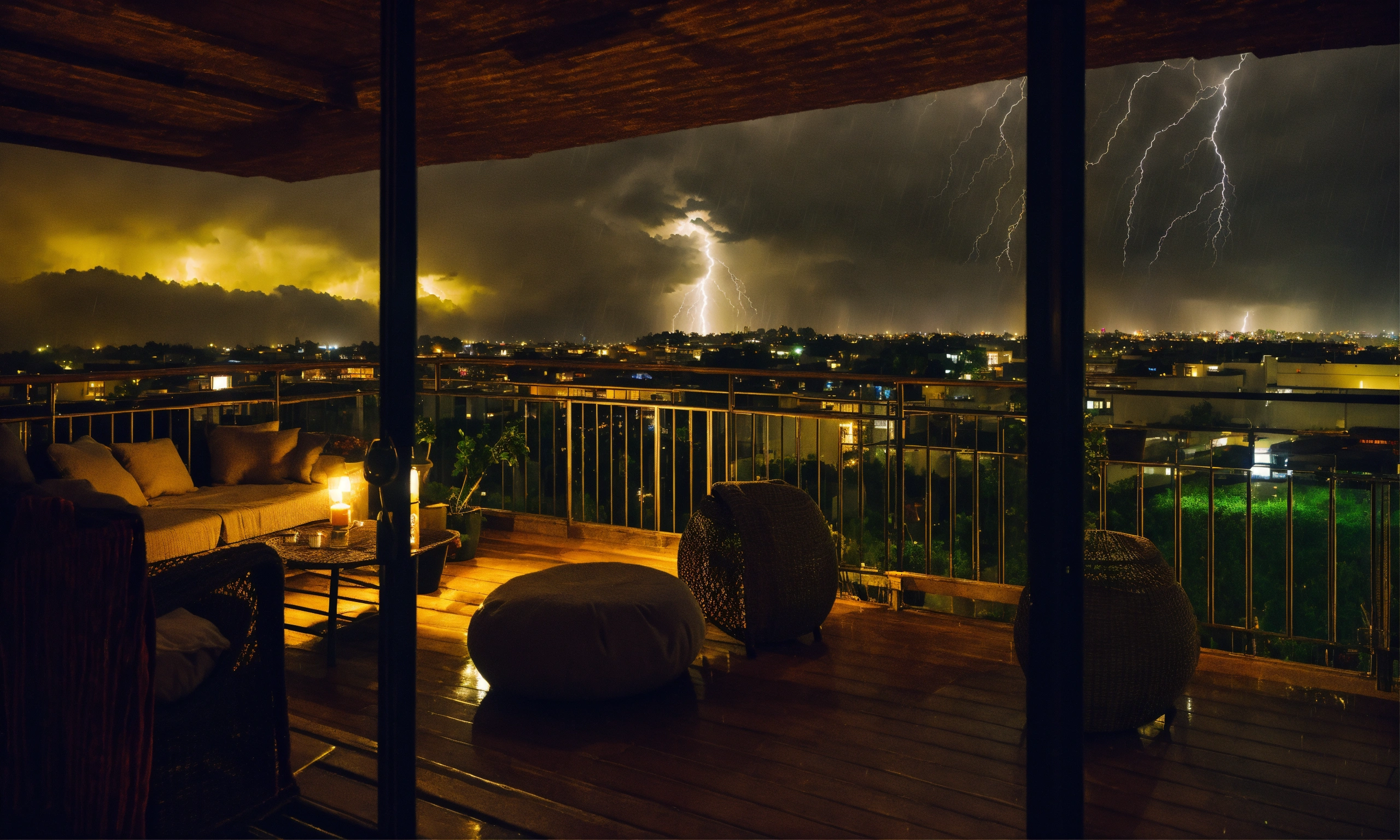Lexica - Cozy summer thunder at night with a heavy rain on the balcony