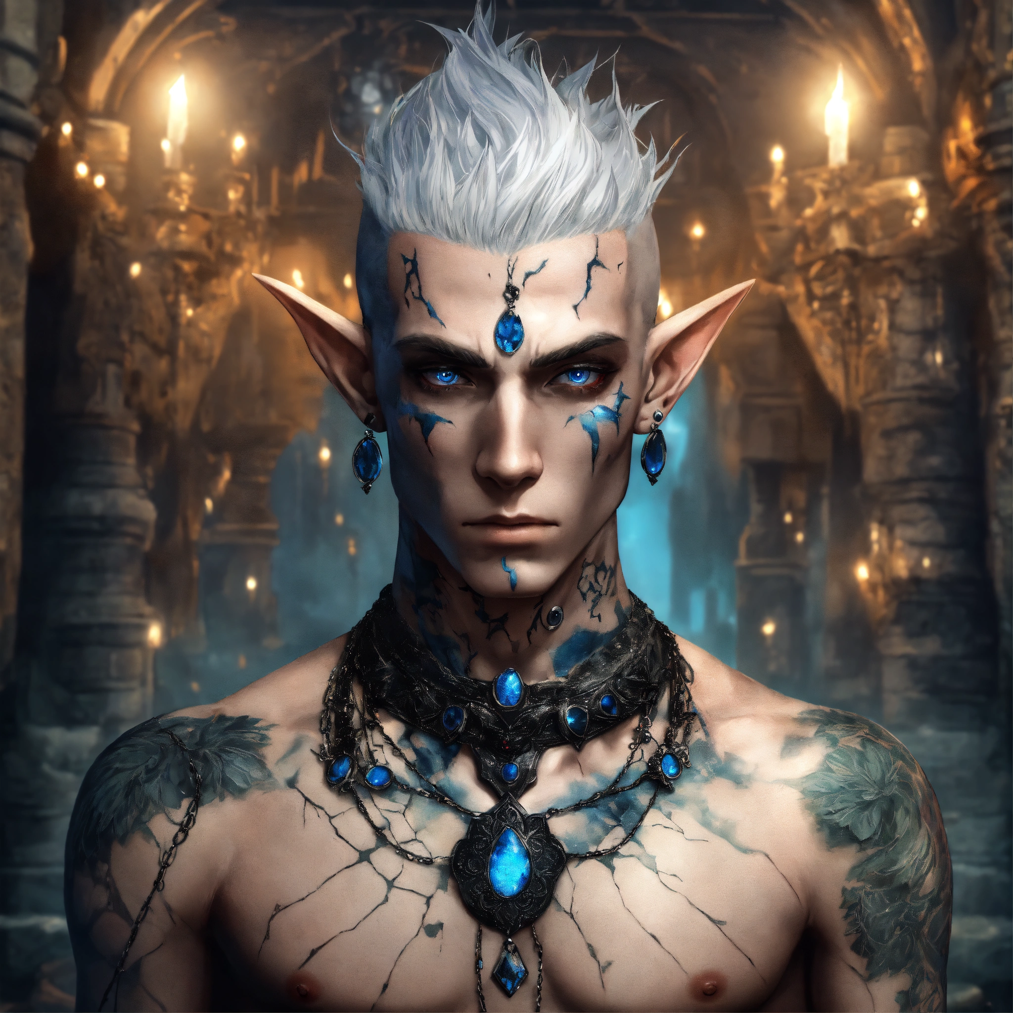 Lexica - Fantasy torso shot of a tatooed male elf, sickly thin, gaunt ...
