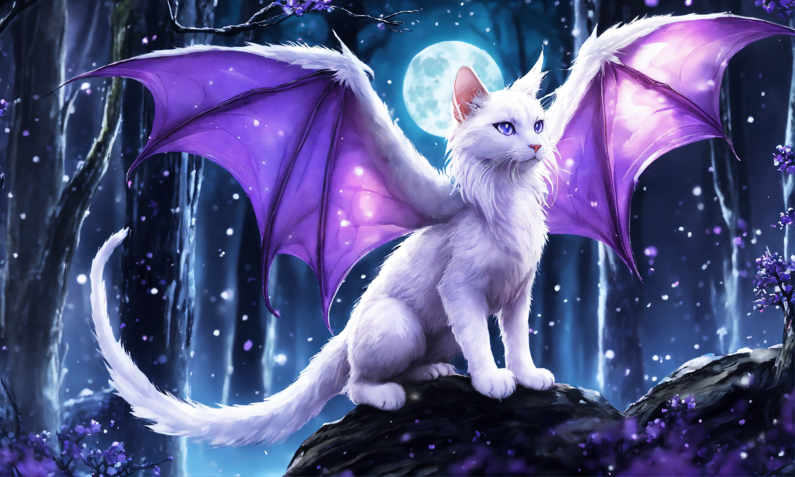 Lexica - White purple Dragon Cat with wings the wizard, fantasy, anime 90  style, snow forest, moon night, image size:2560x1536