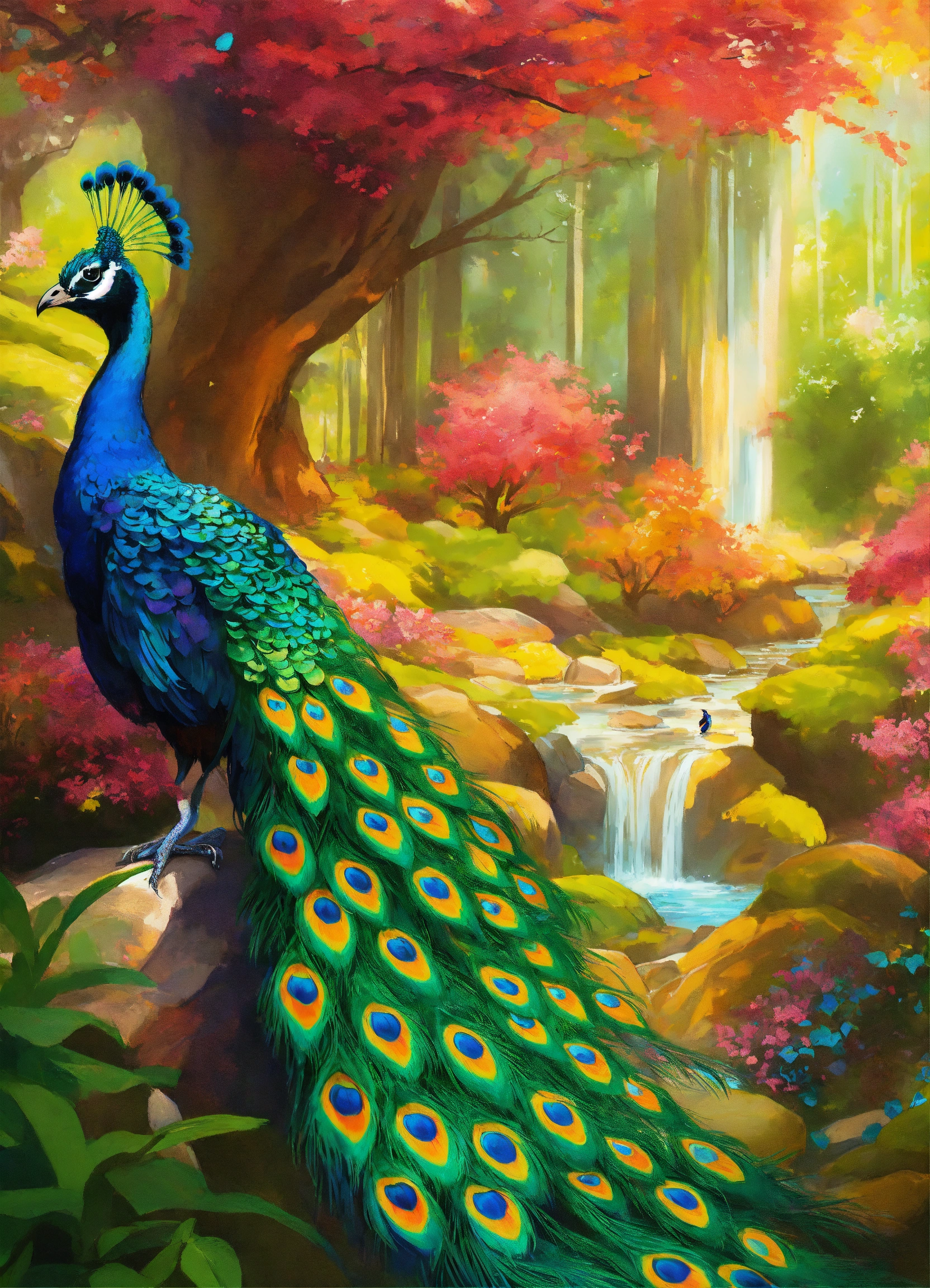 Lexica - Illustration of colorful and vibrant forest, waterfall , birds ...