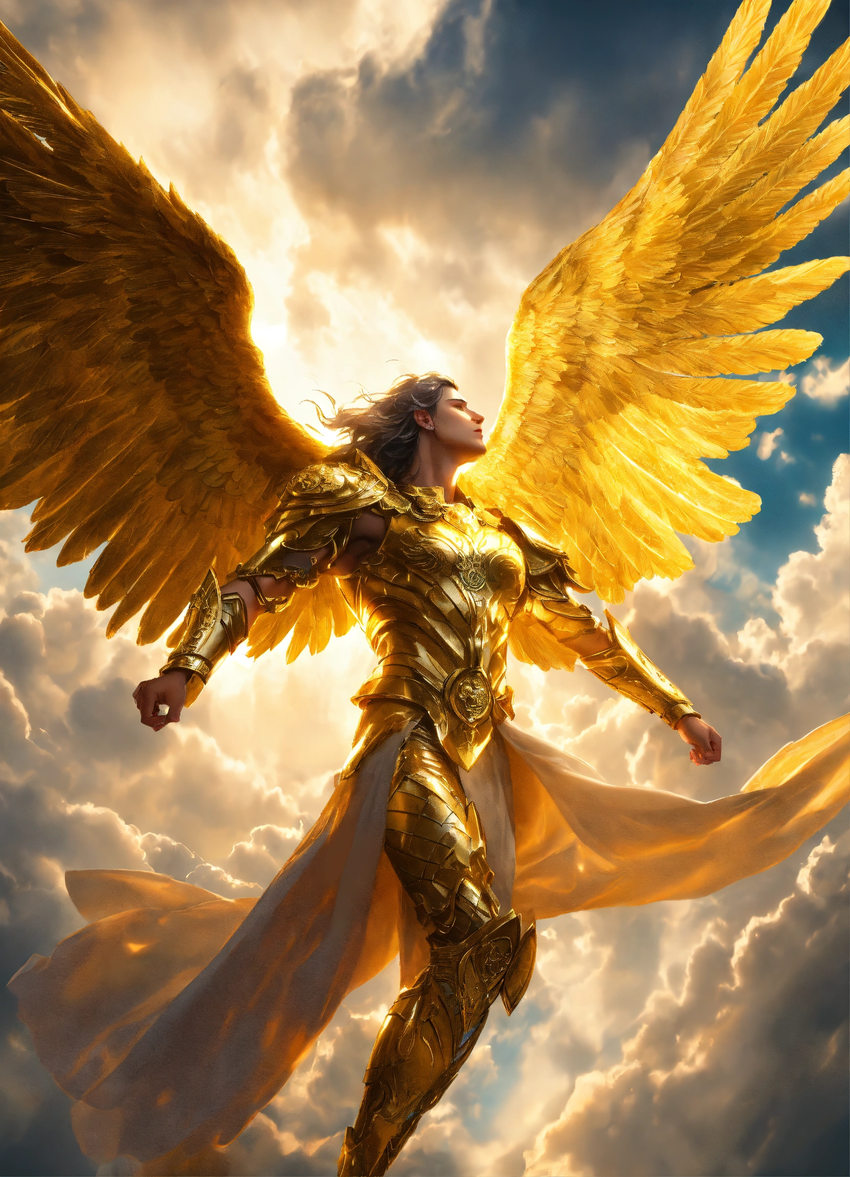 Lexica - A mighty strong golden flying angel fighting a n enemy the sky ...