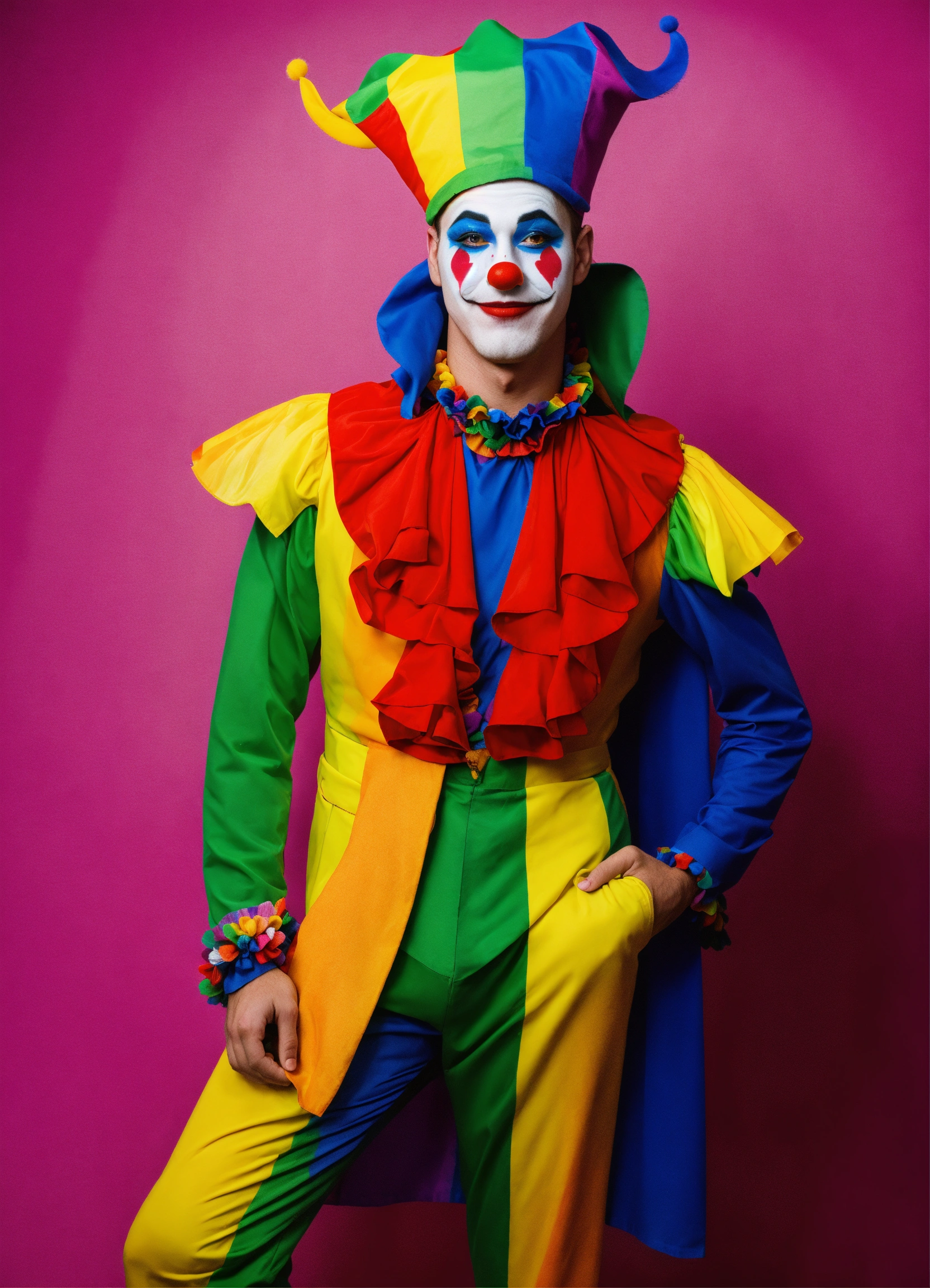 Lexica - Human male, court jester, rainbow cloths, clown makeup