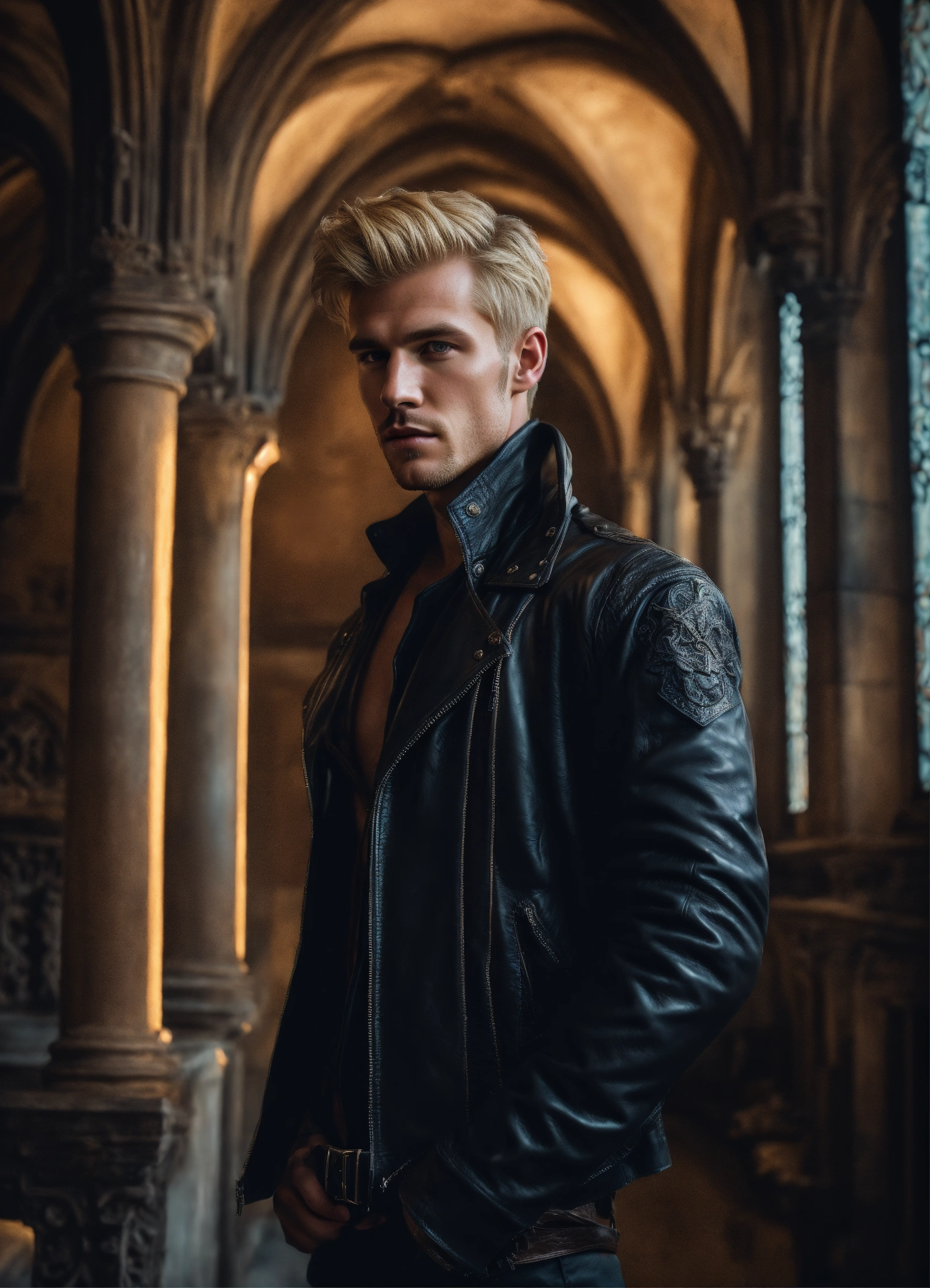 Lexica - Portrait of a handsome blond-haired man in a leather jacket ...