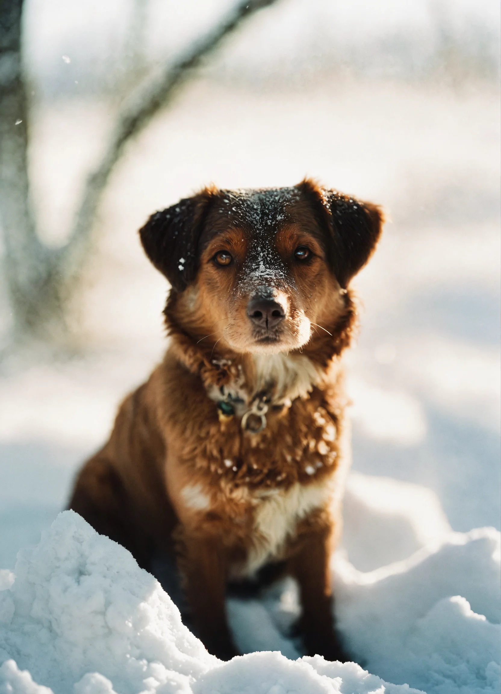 Lexica - Portra 400 photo of a cute brown dog sitting in the white snow ...