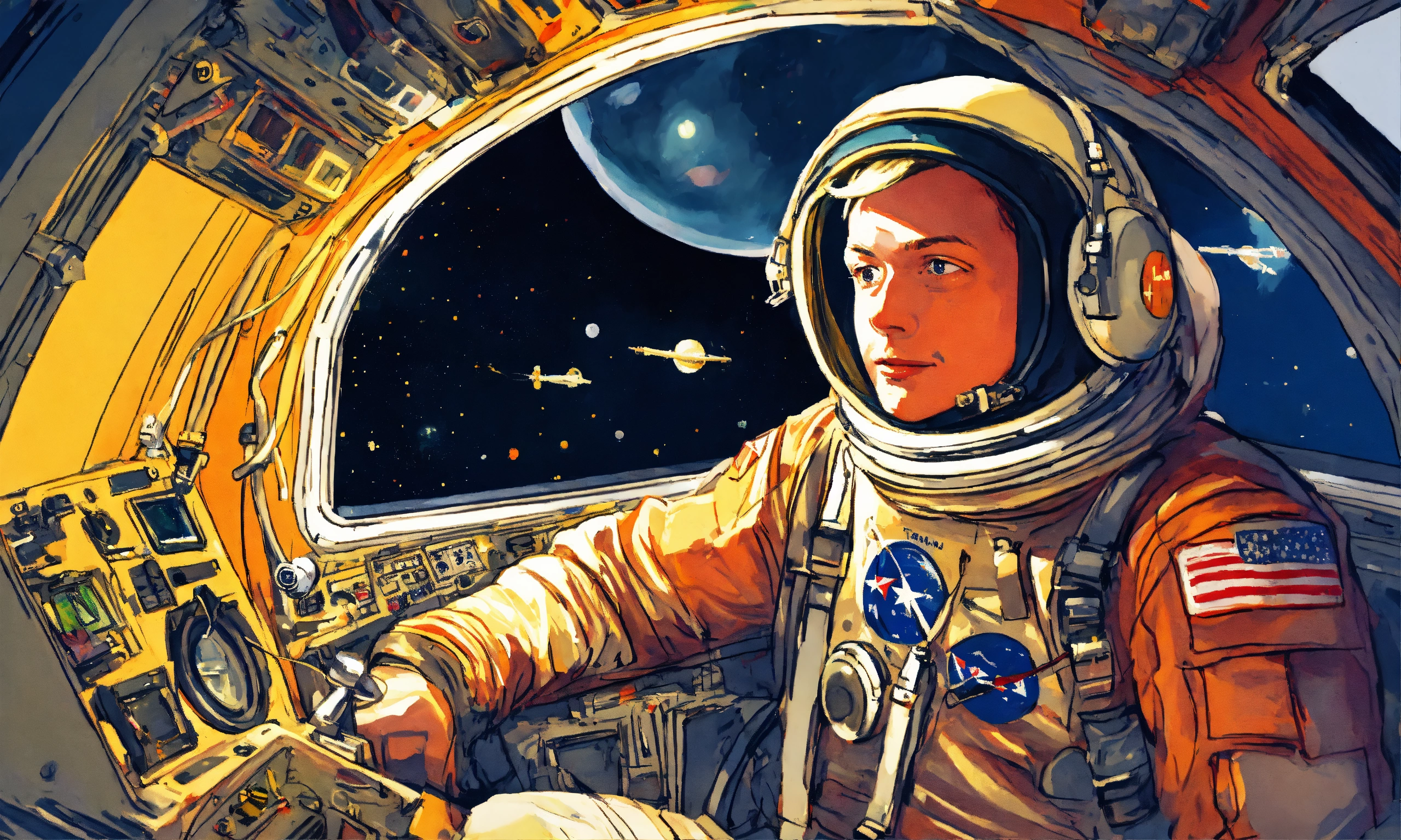 Lexica - Neil Armstrong closeup inside spaceship cockpit, impressionism ...