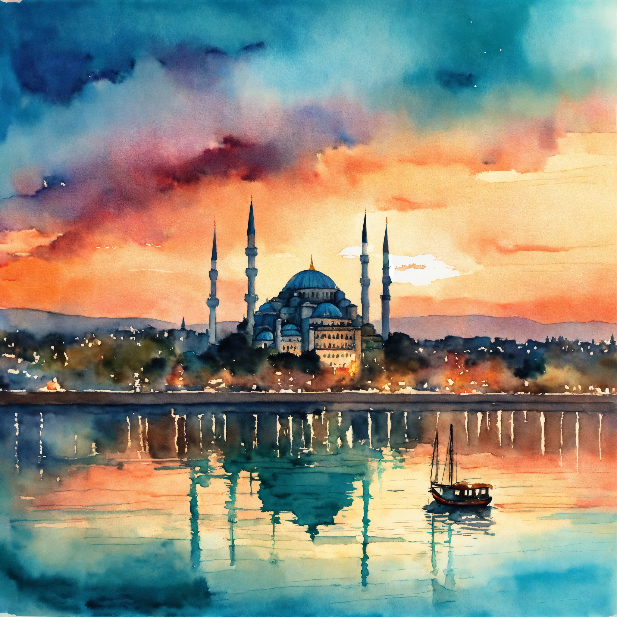 Lexica - Watercolor picture of a lit from the inside istanbul floating ...