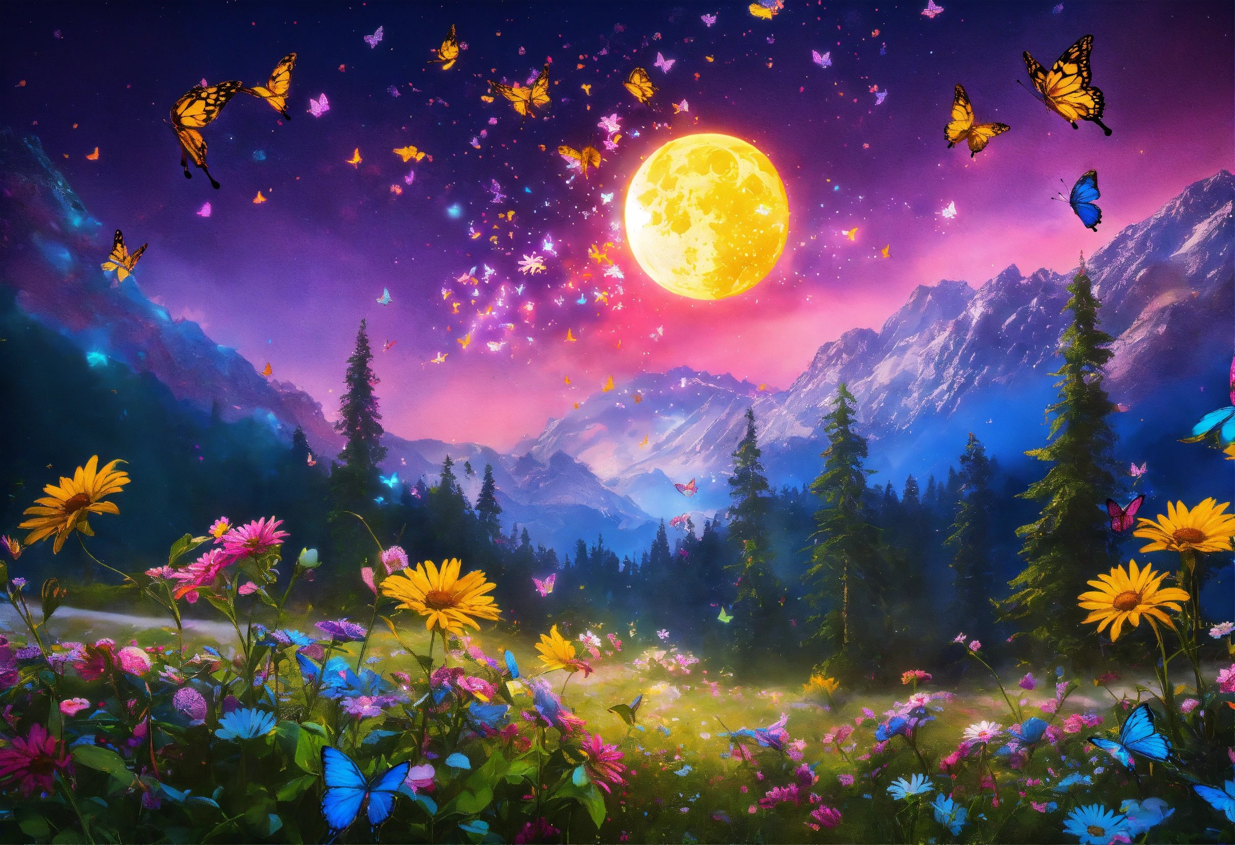Lexica - A crescent moon with butterflies and daisies made of glittery ...