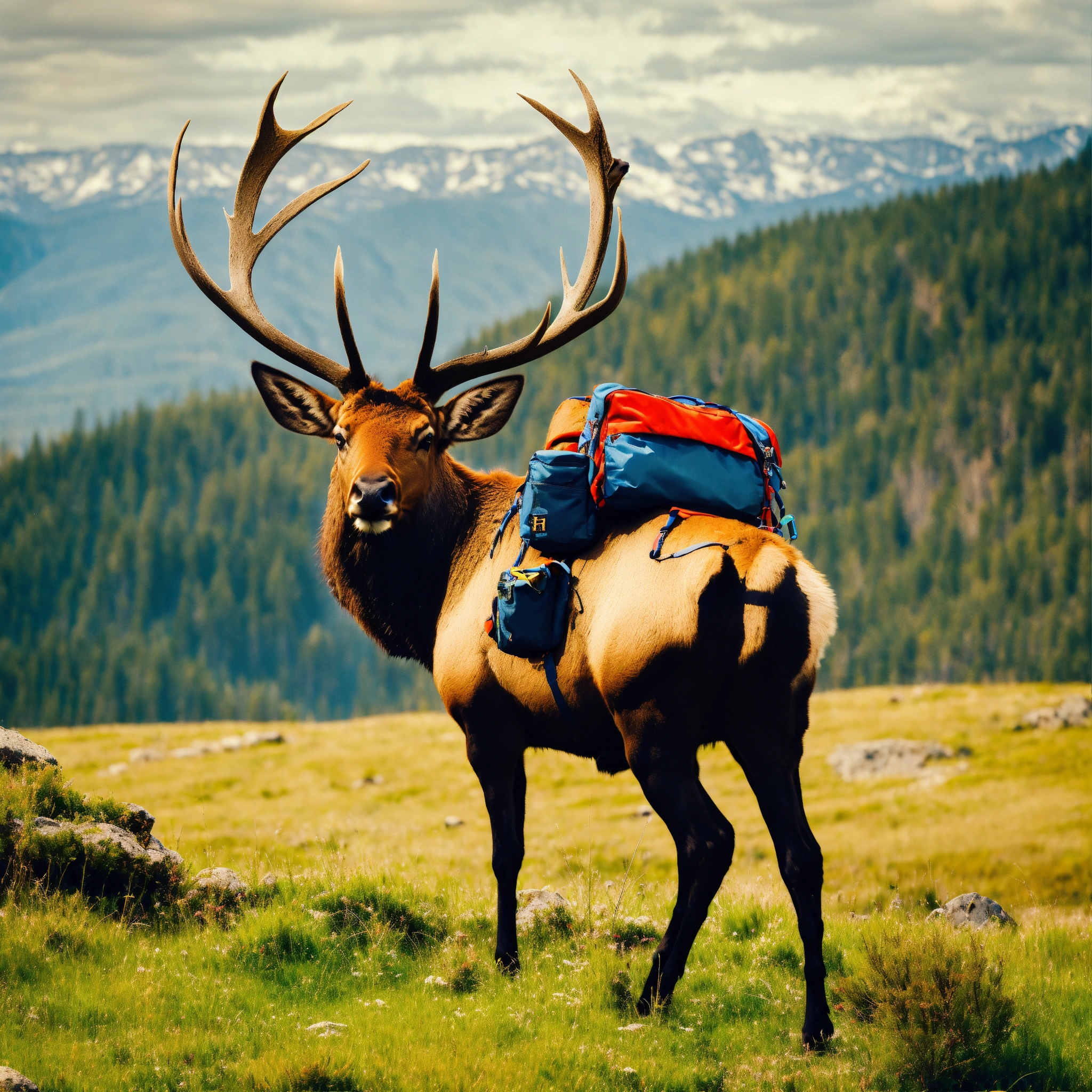 Lexica - An elk wearing a backpack, looking towards the camera
