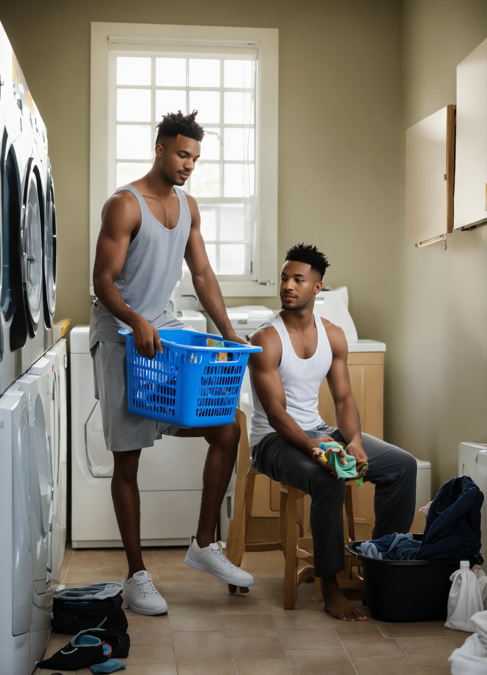 Lexica - An image of two men in a laundry room. The man on the left is ...