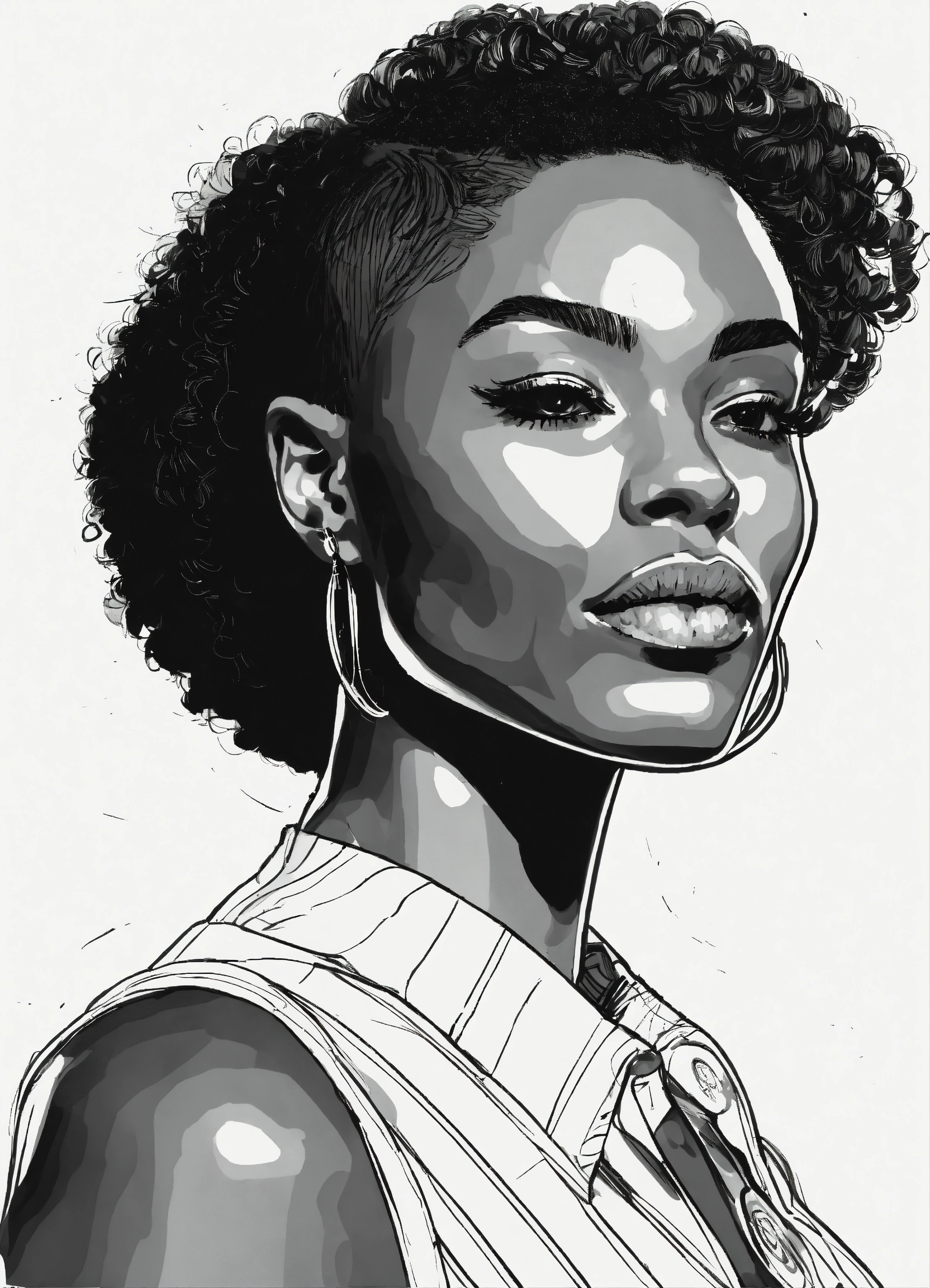 Lexica Black and white line drawing, black woman, buzzed haircut