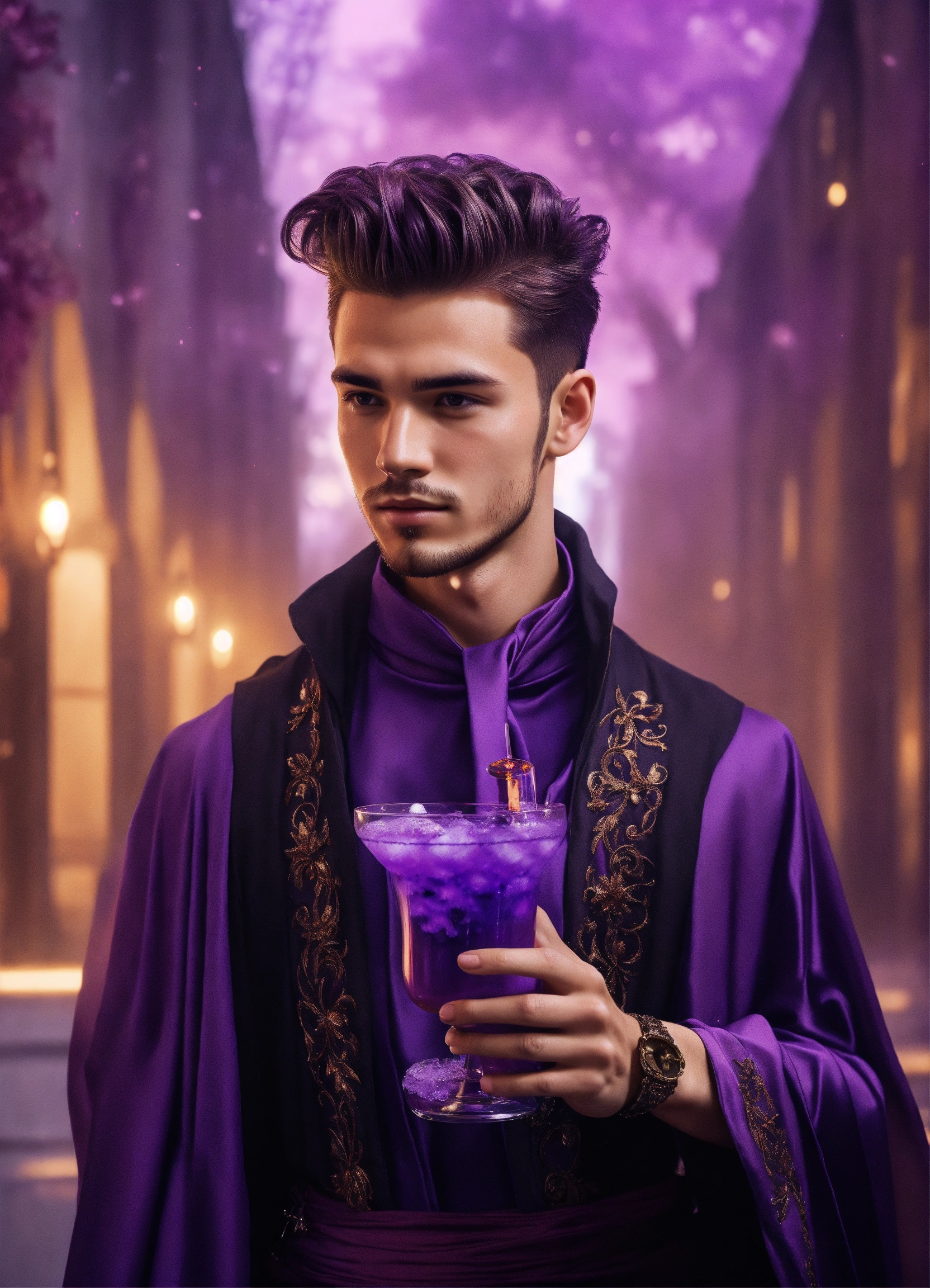 Lexica - Handsome young wizard with modern hairstyle holding a purple drink