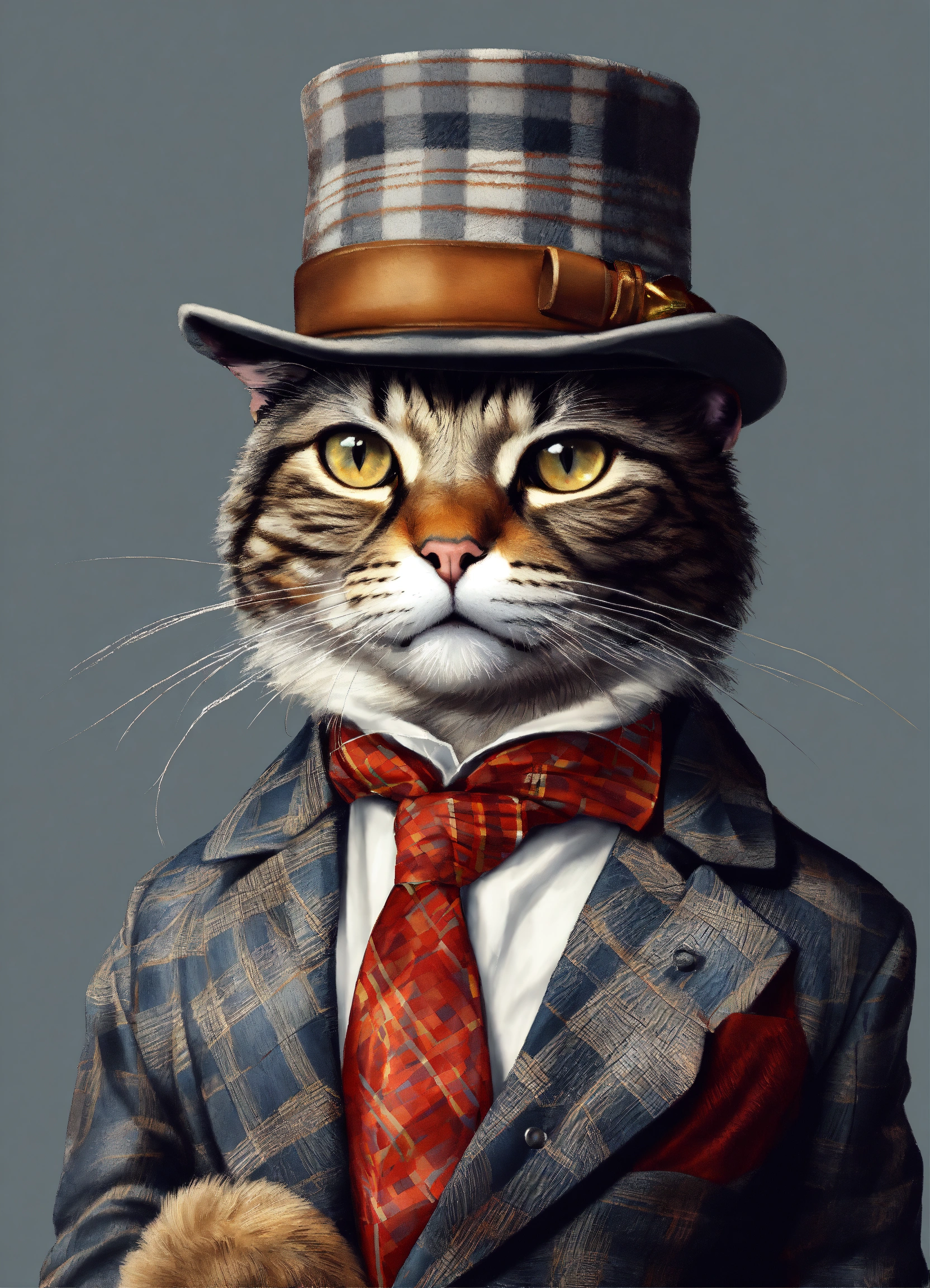 Lexica - Anthropomorphic cat wearing a checkered suit with a hat and ...