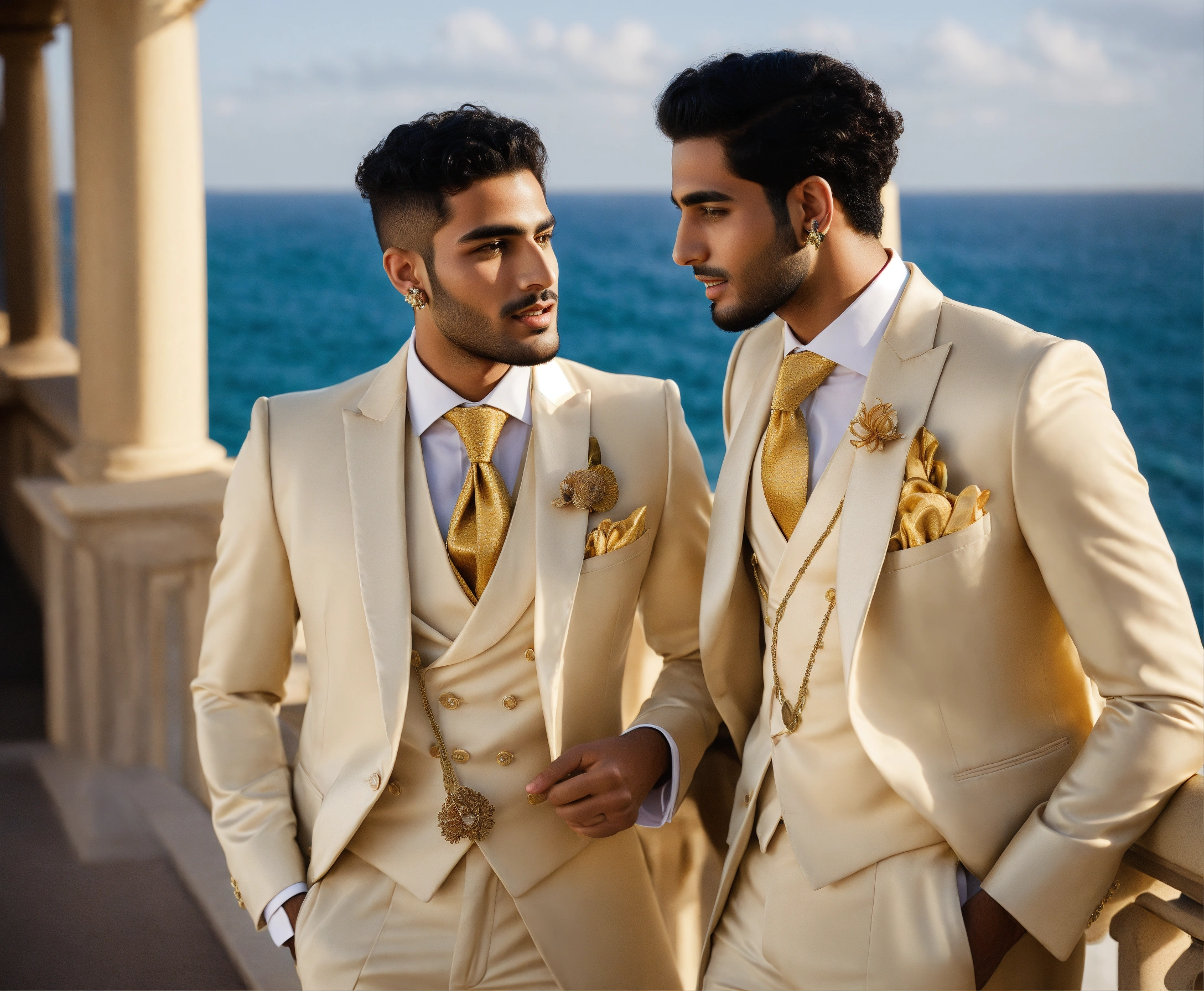 Lexica - Two Egyptian young male models in satin cream vested suit and  golden tie, golden earings, talking on a balcony by the sea