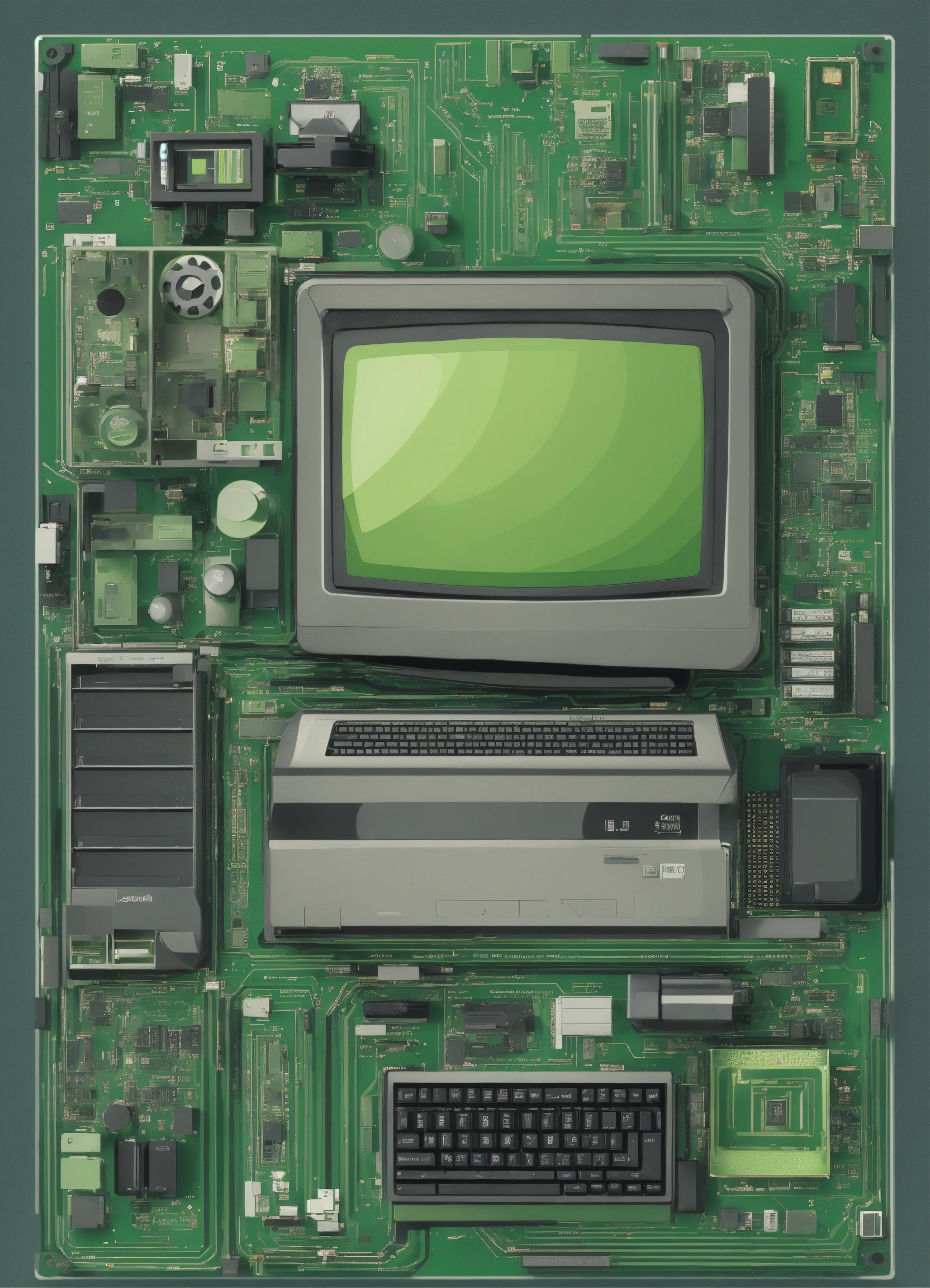 Lexica - IT pop style 2D poster computer parts, green grey colour
