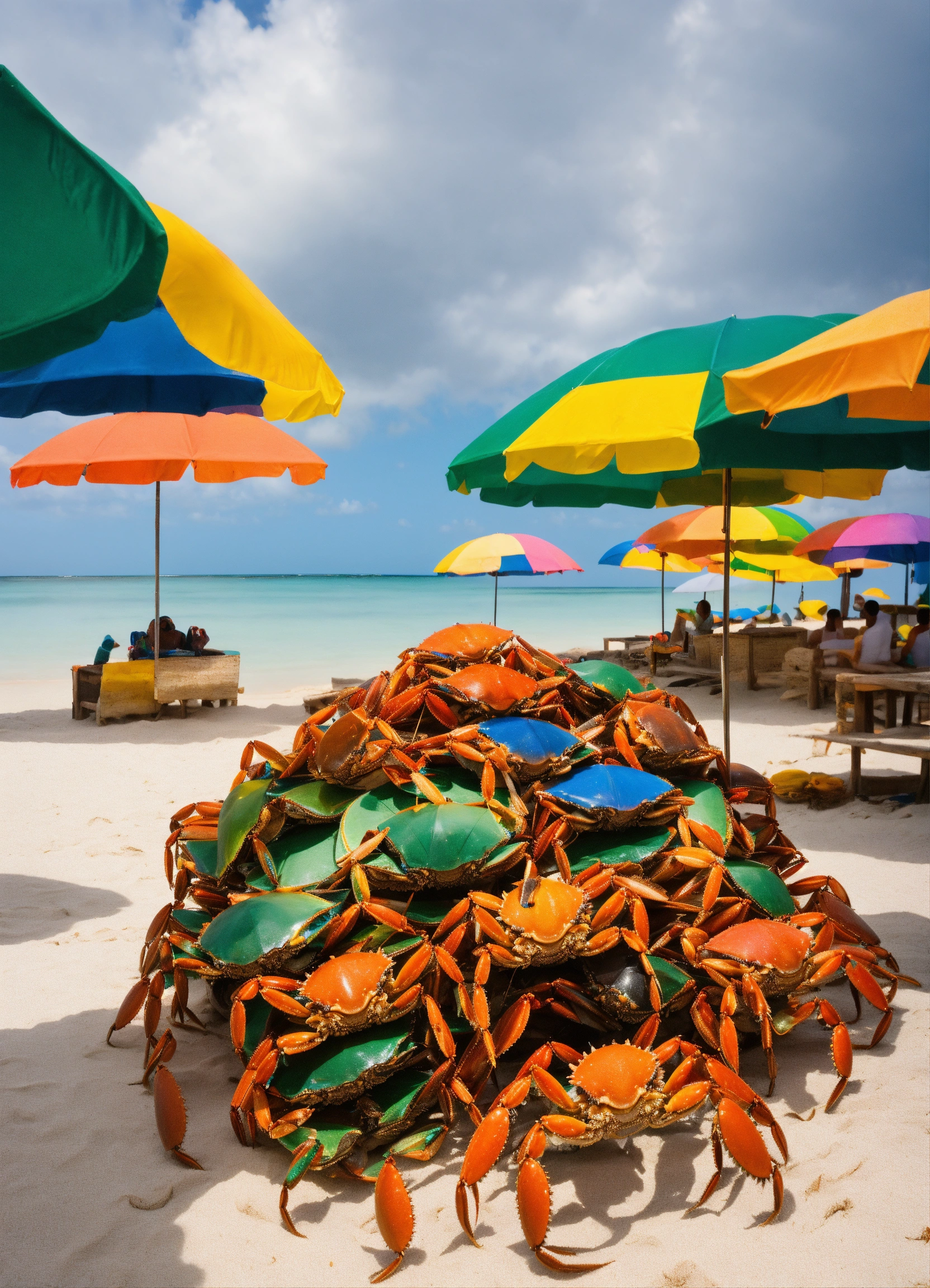 Lexica - Jamaican beach covered in multi coloured crabs carrying umbrellas