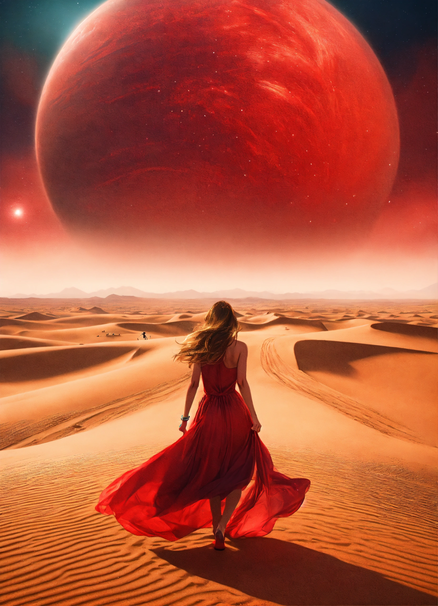 Lexica - Woman running through a sahara place in a long red dress ...