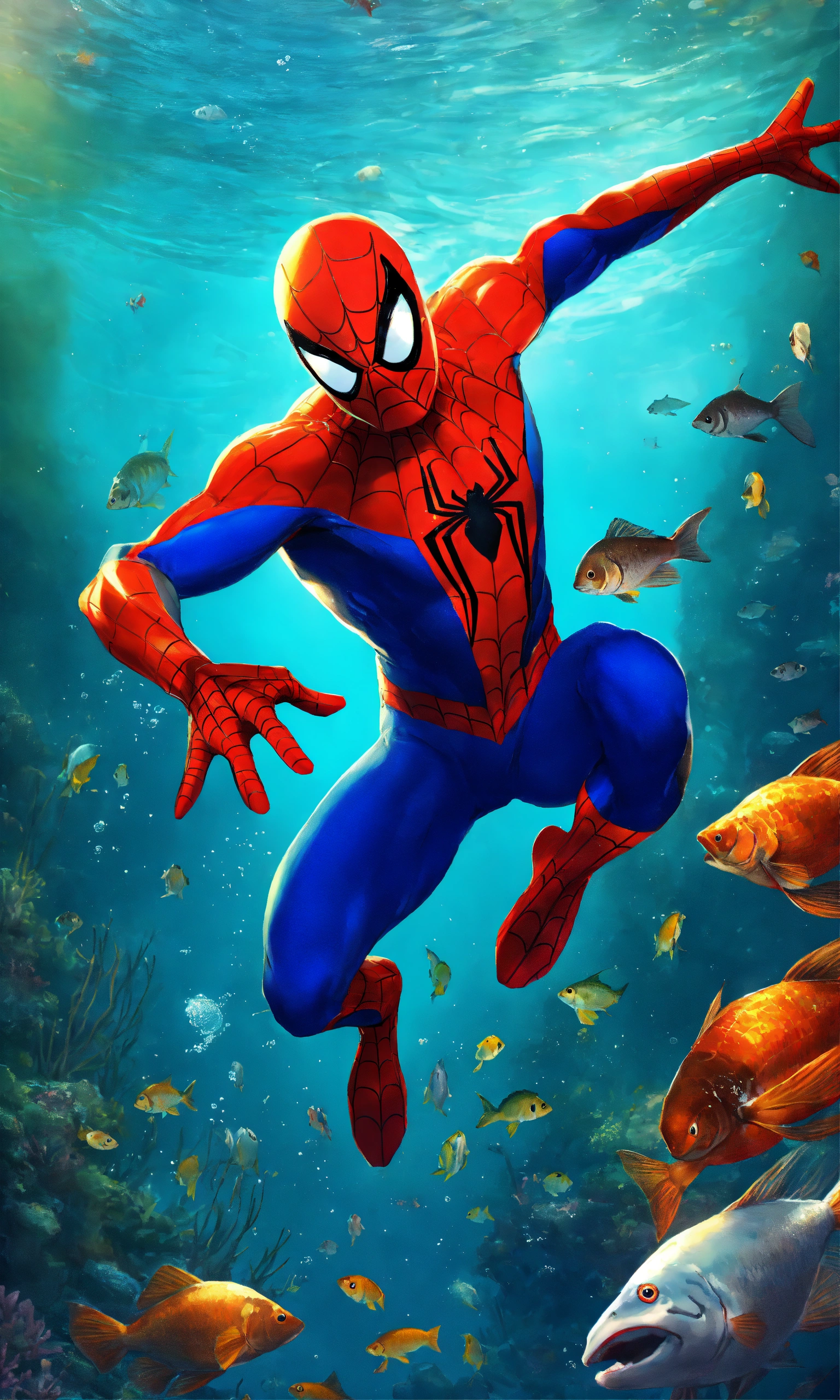 Lexica - Spiderman swimming with fish underwater in the ocean, nature  background, 2D render