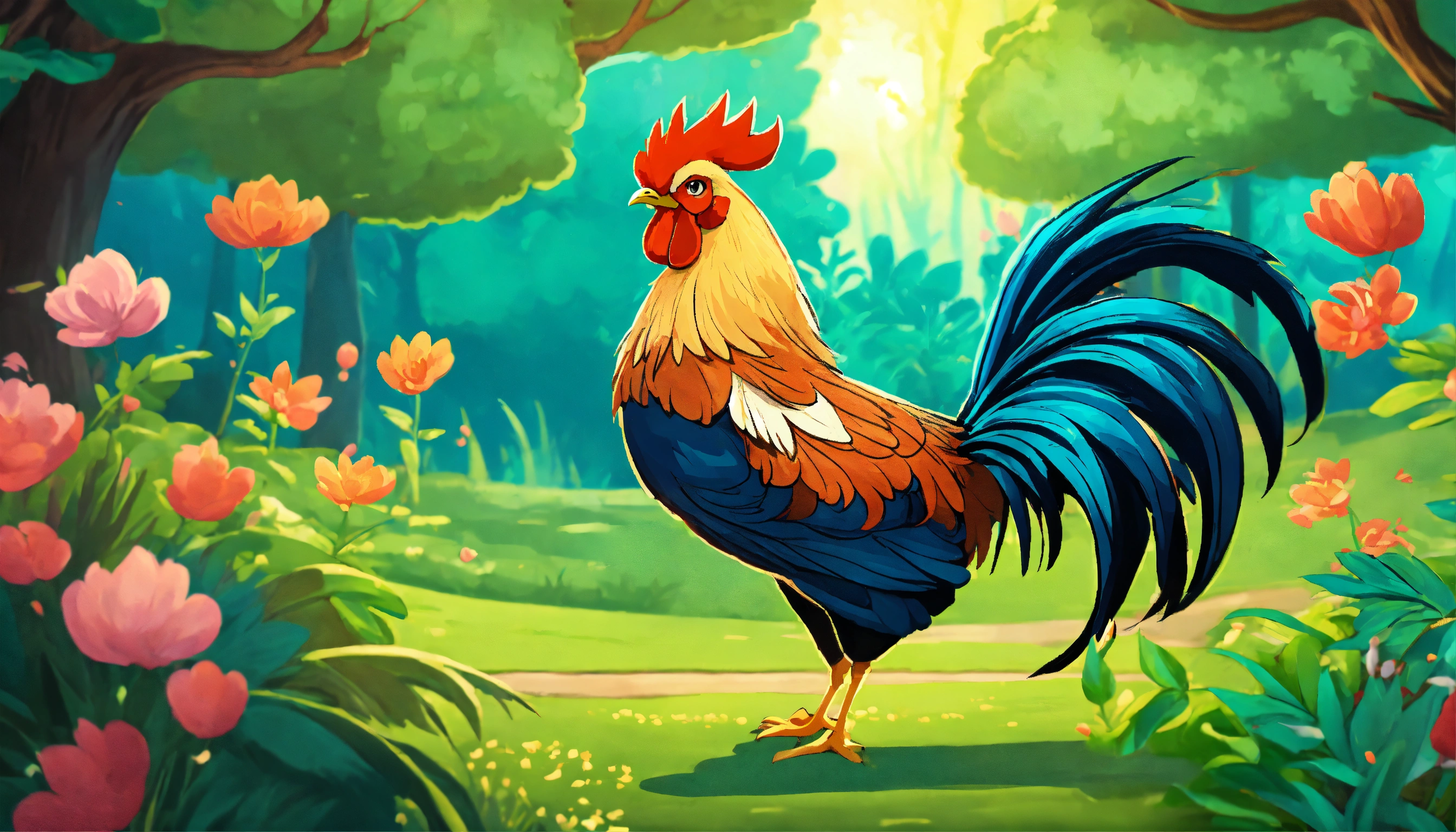 Lexica - Cartoon style fighting rooster in a magical spring forest
