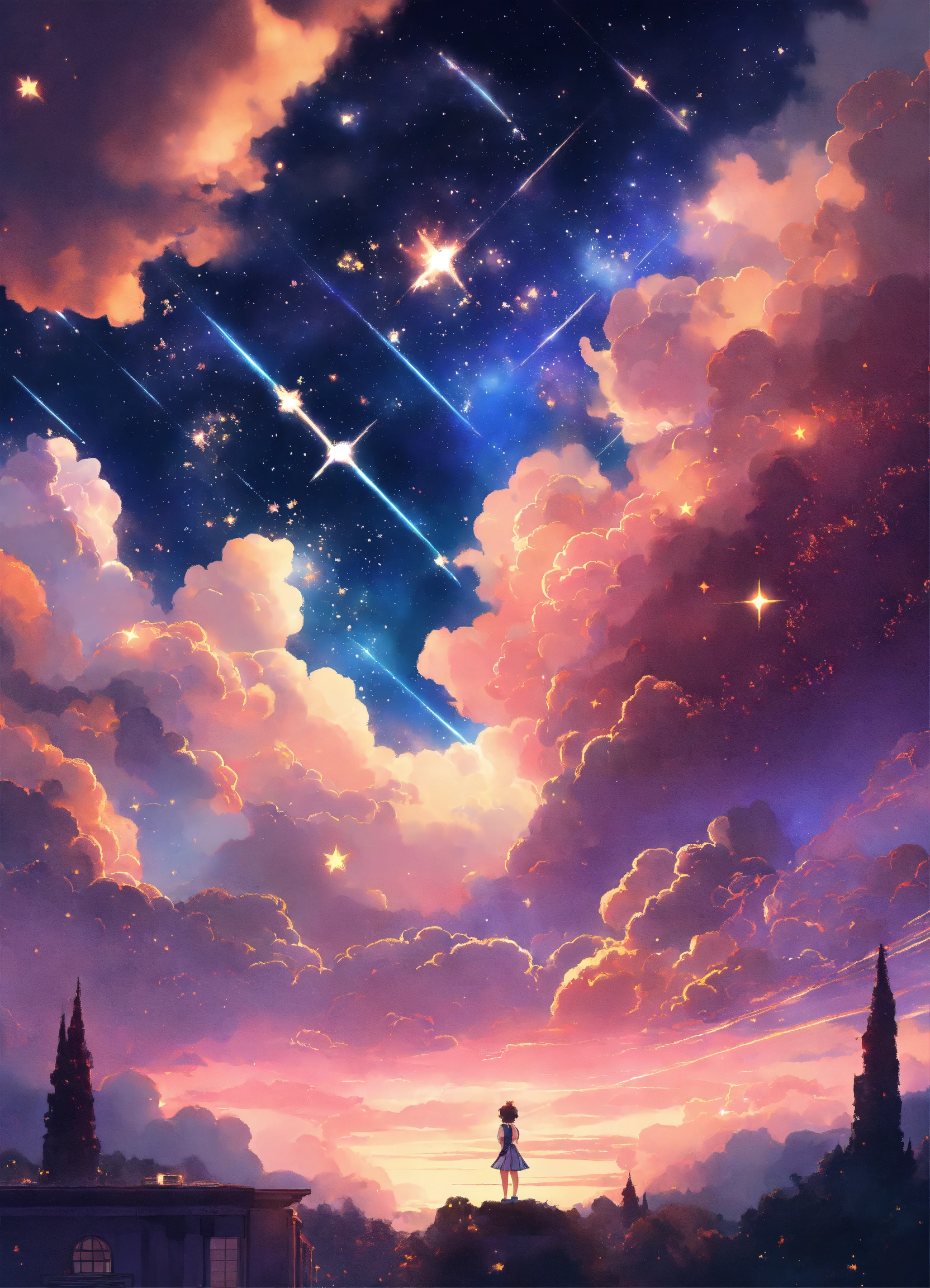 Lexica - Star-filled galaxy shot, anime style clouds, art deco style.