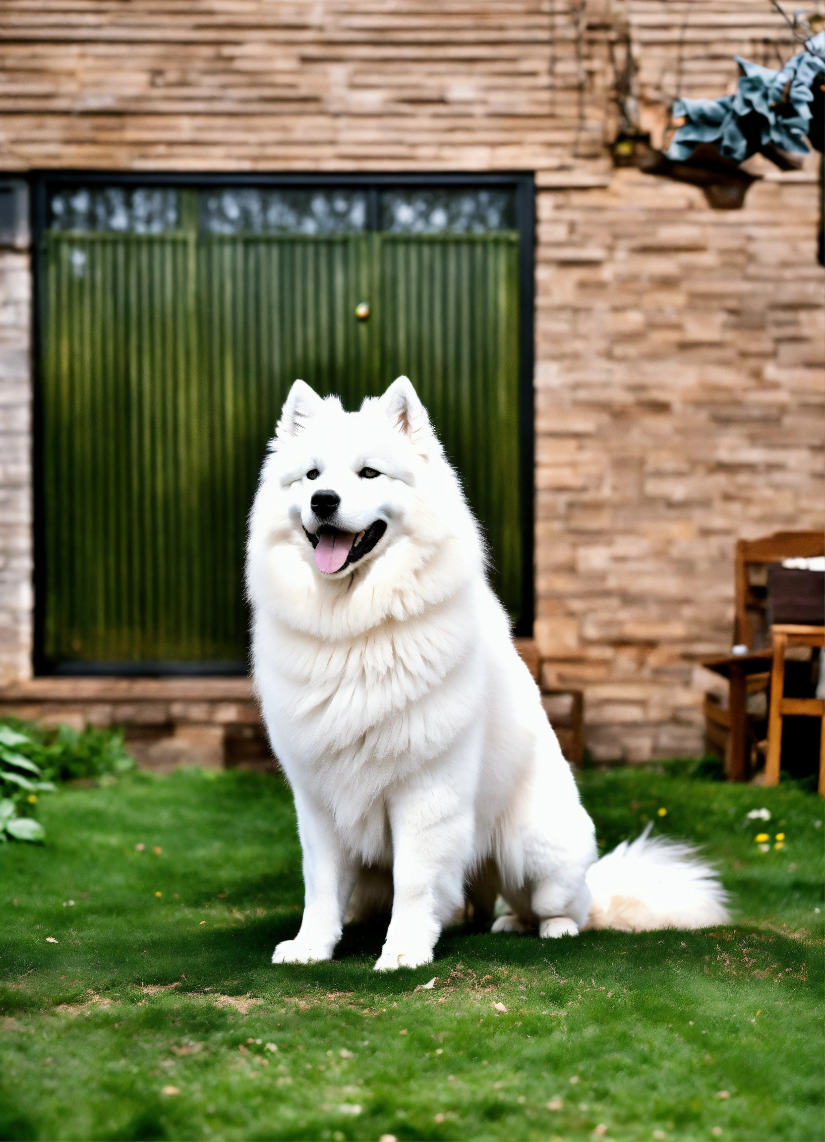 Lexica - Samoyed in the backyard of the house, with its front right paw ...