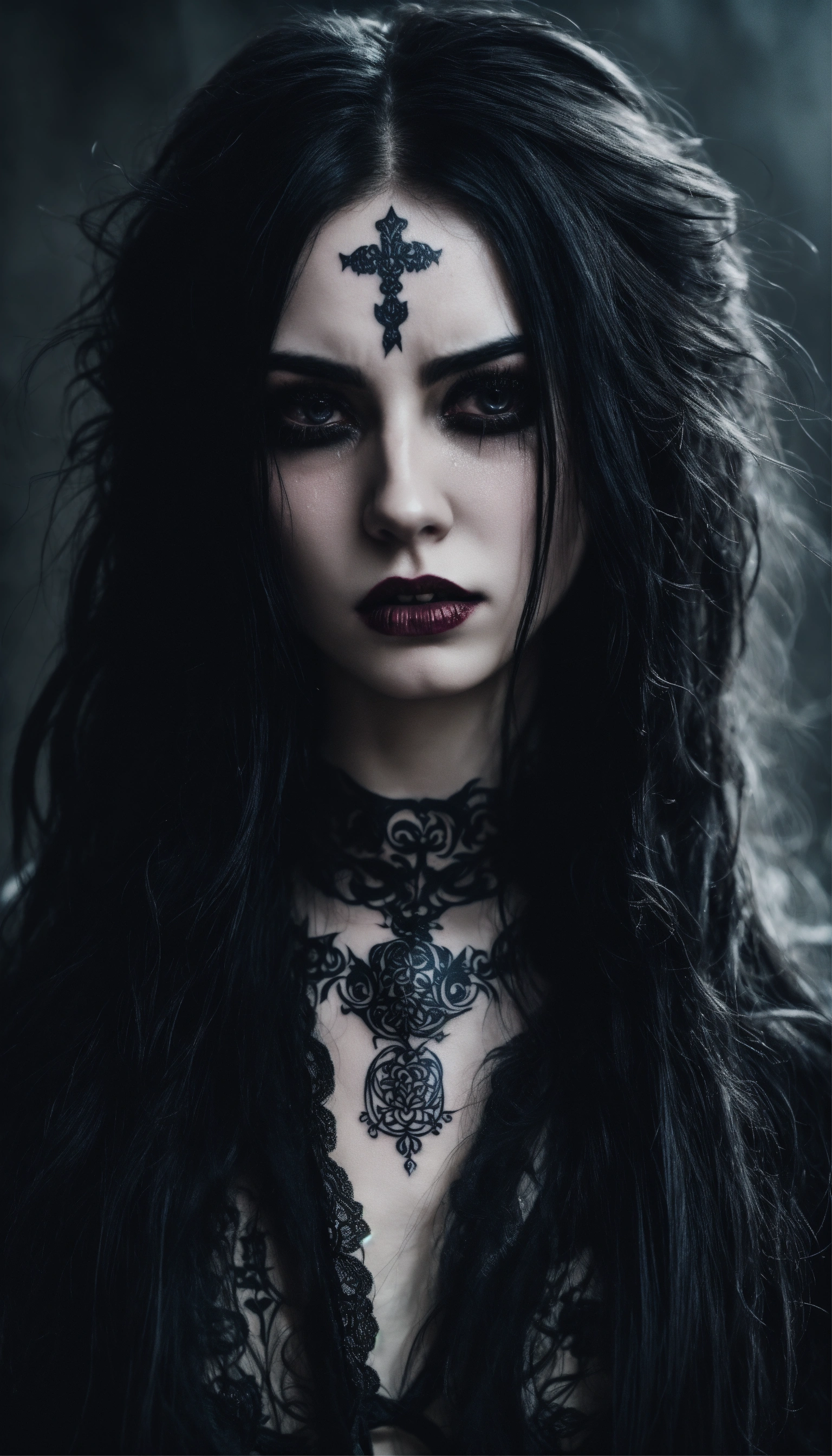 Lexica - A scary girl, full body, pale skin, long crazy black hair ...