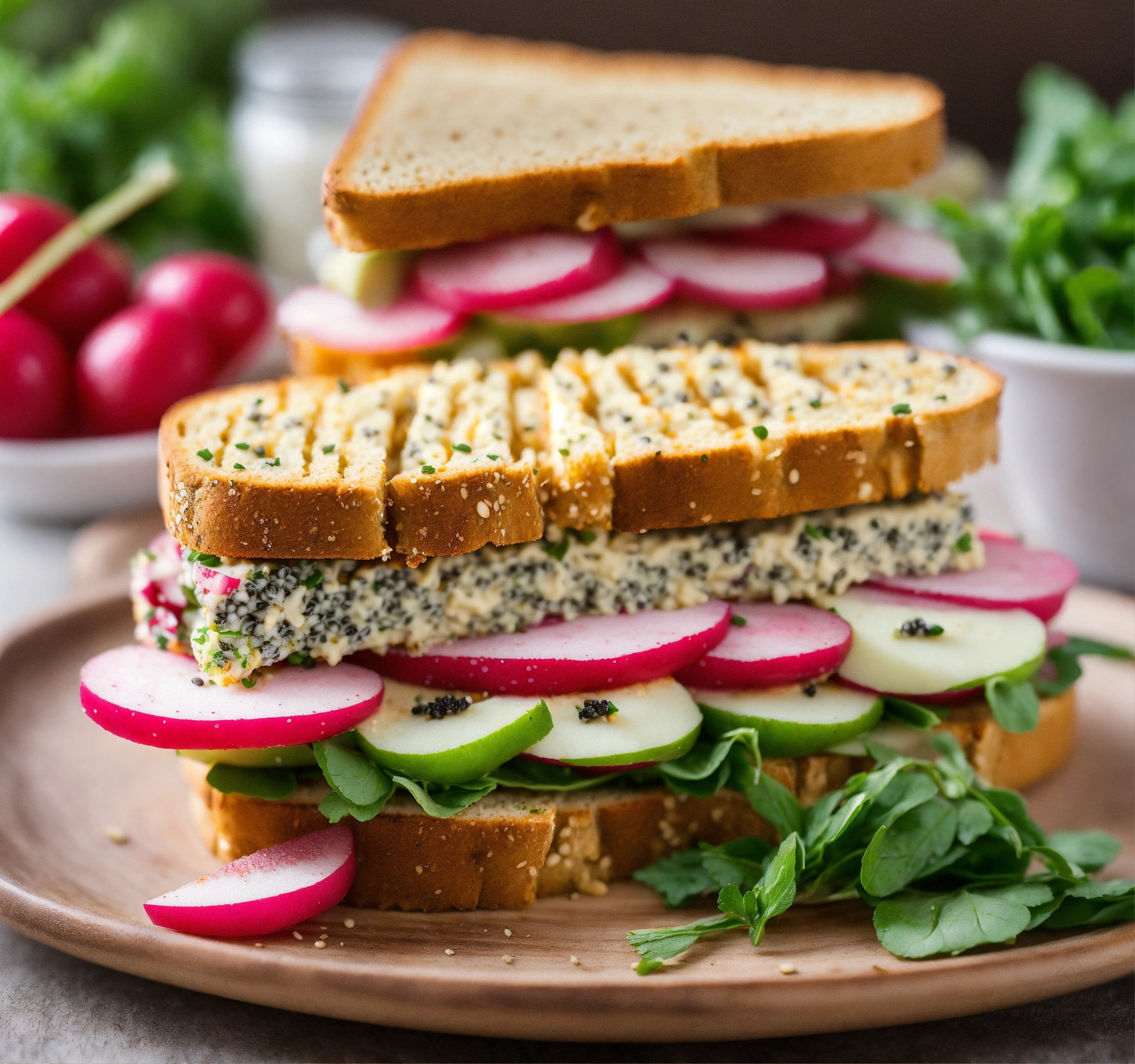 Lexica "Vegan Delight Hummus, Radish, and Chia Seed Sandwich", creamy