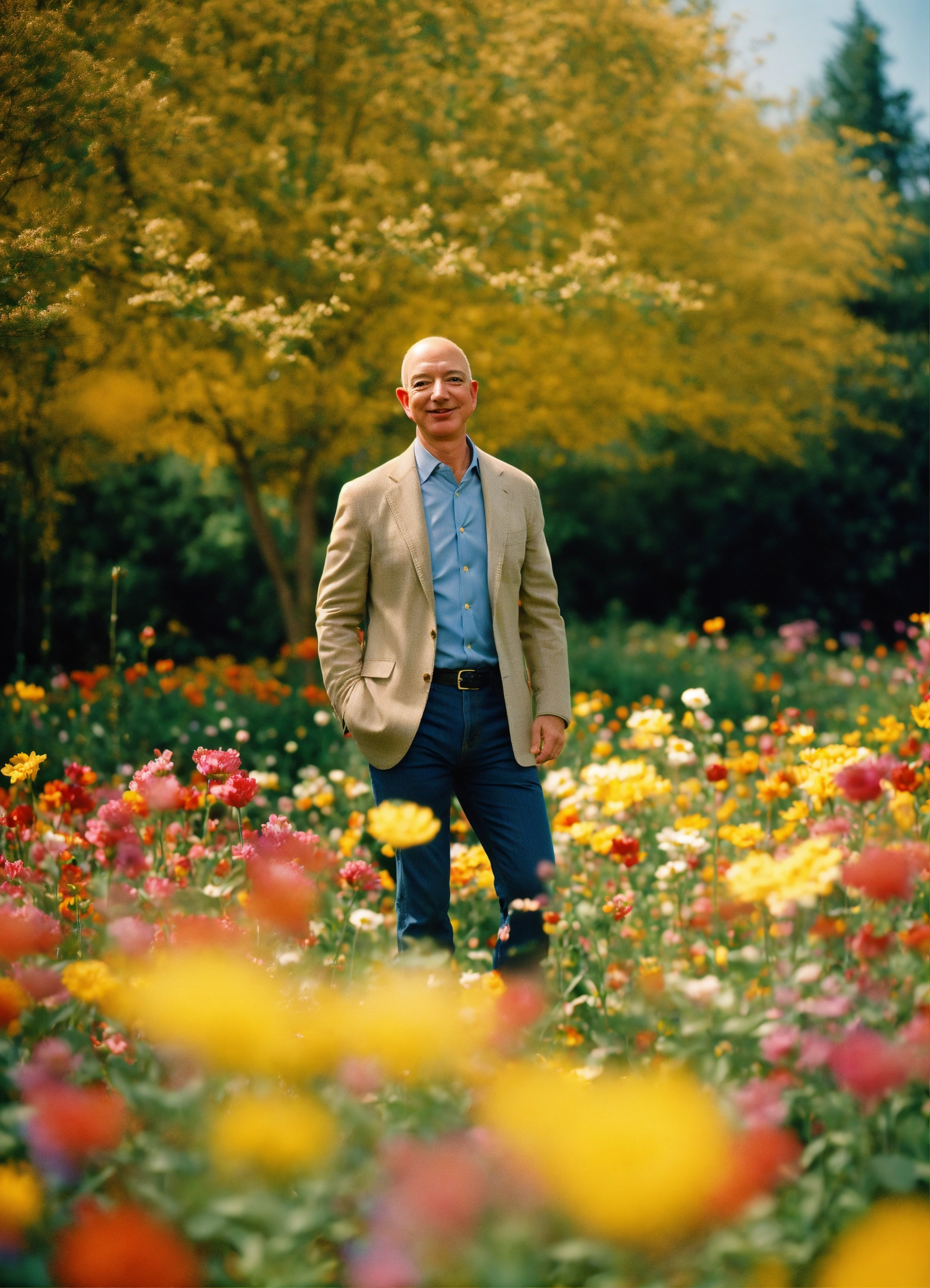 Lexica - Happy Jeff Bezos standing in a beautiful field of flowers ...