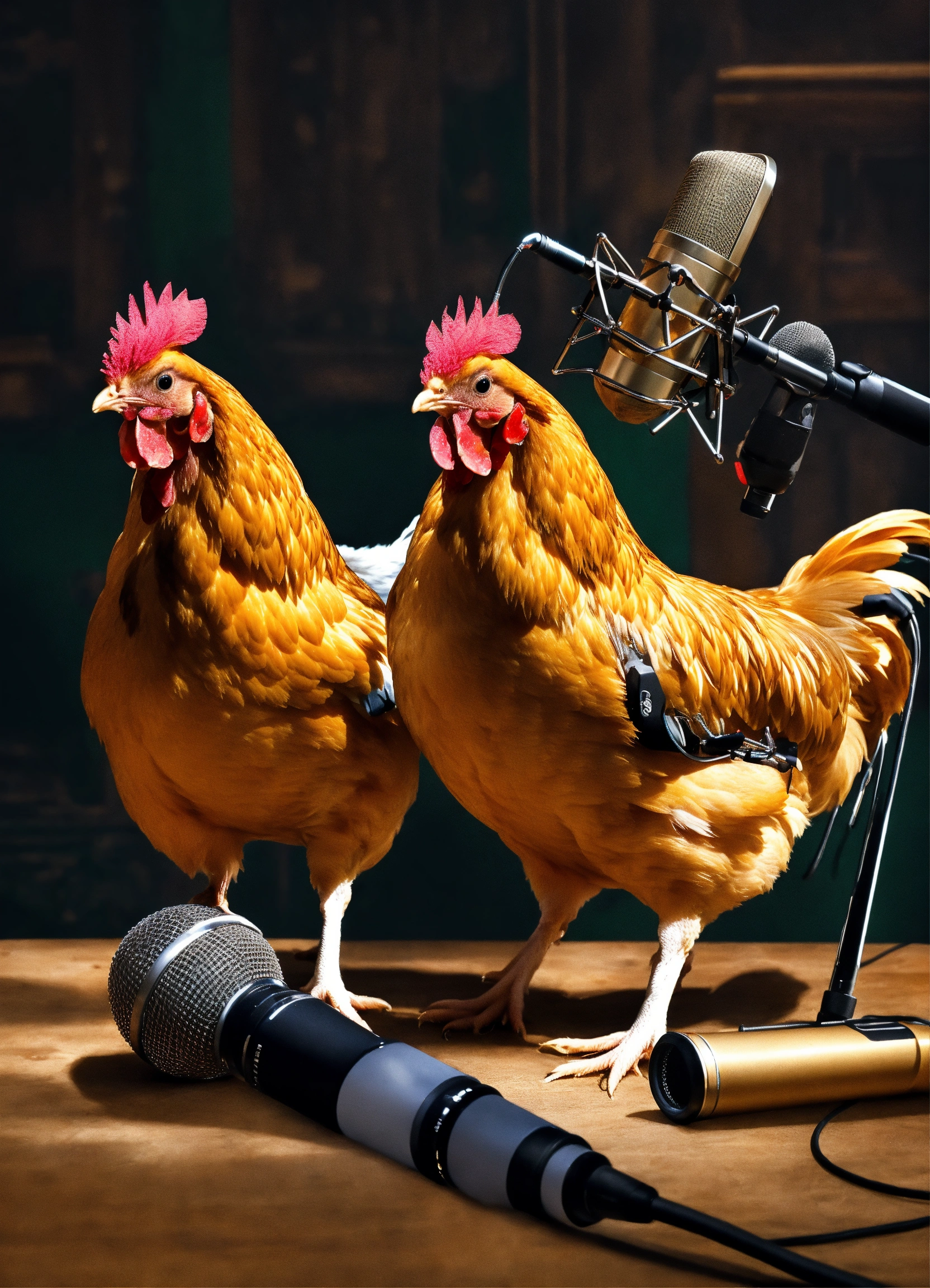 Lexica Photorealistic picture of chickens with a microphone and