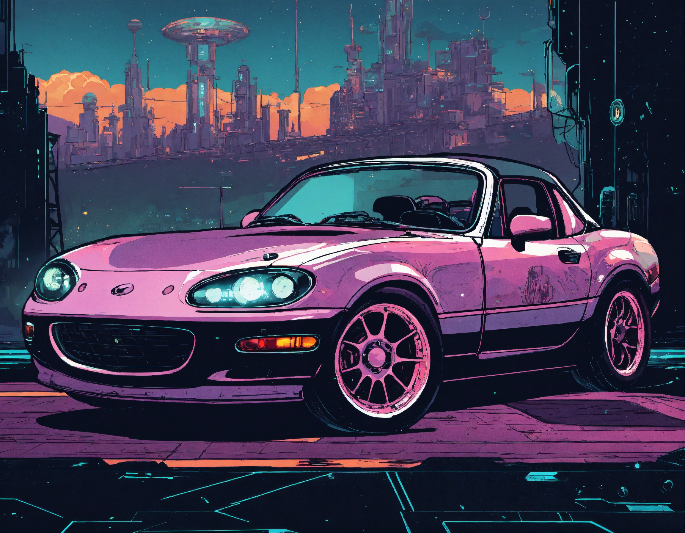 Lexica - Cyberpunk steampunk miata, die-cut sticker, cosmic backround ...