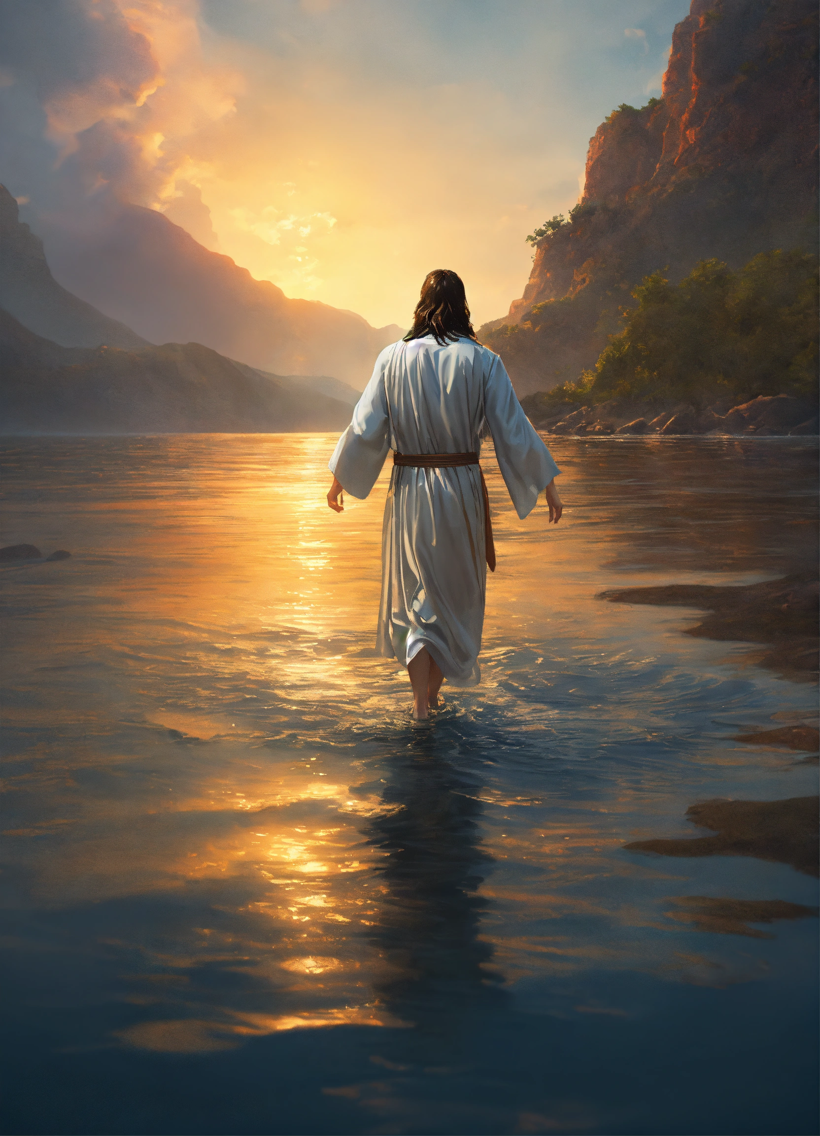 Lexica - Painting of jesus christ walking on water, realistic, highly ...