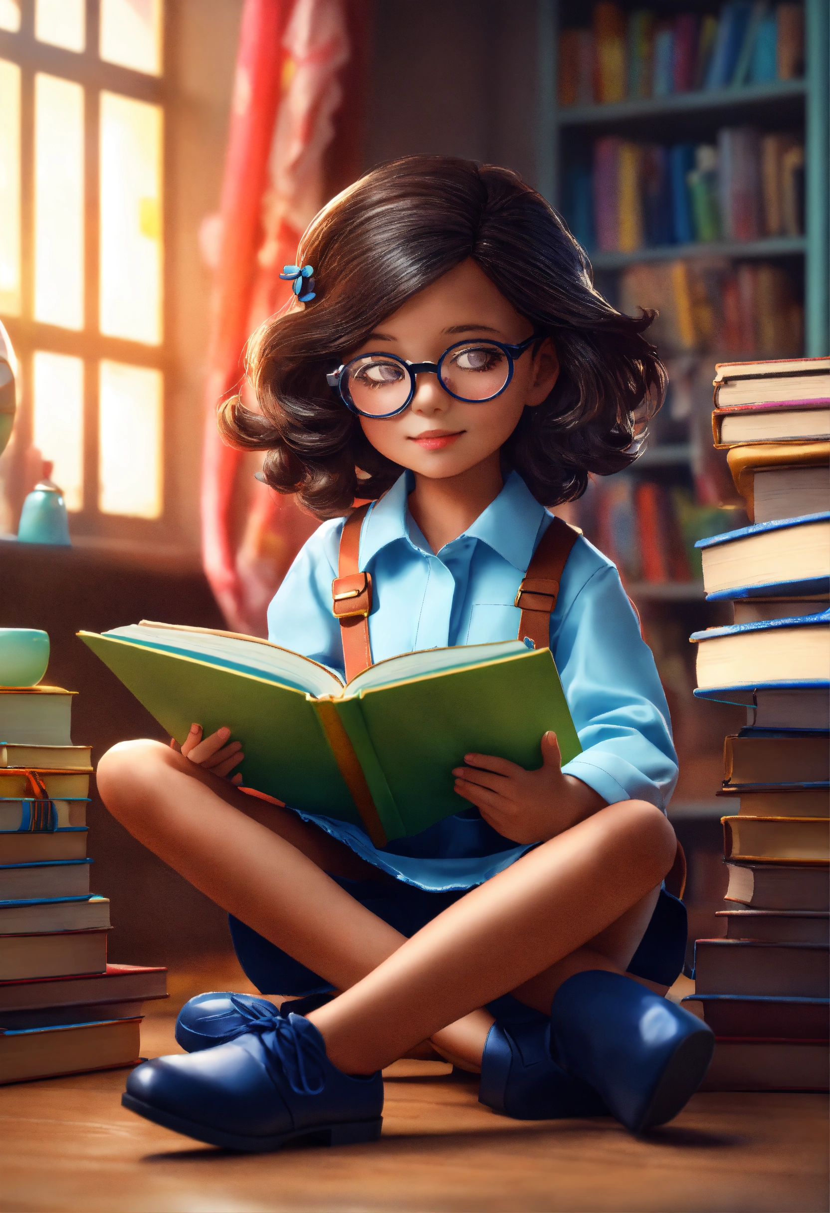 Lexica - A sweet 5-year-old girl wearing a light blue button-down shirt ...