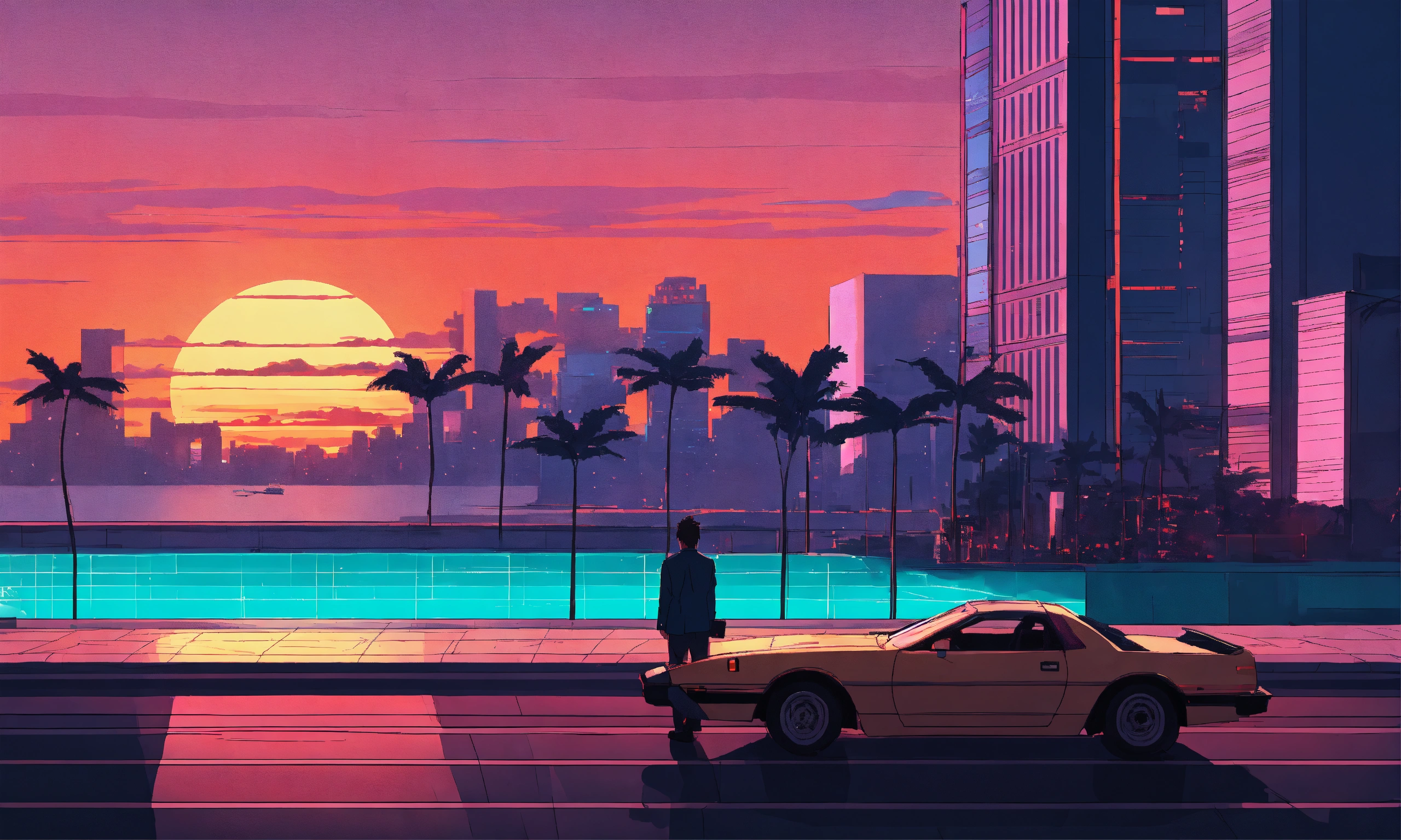 Lexica - Anime miami vice, lofi, sunset skyline, 2d, studio ghibli ...