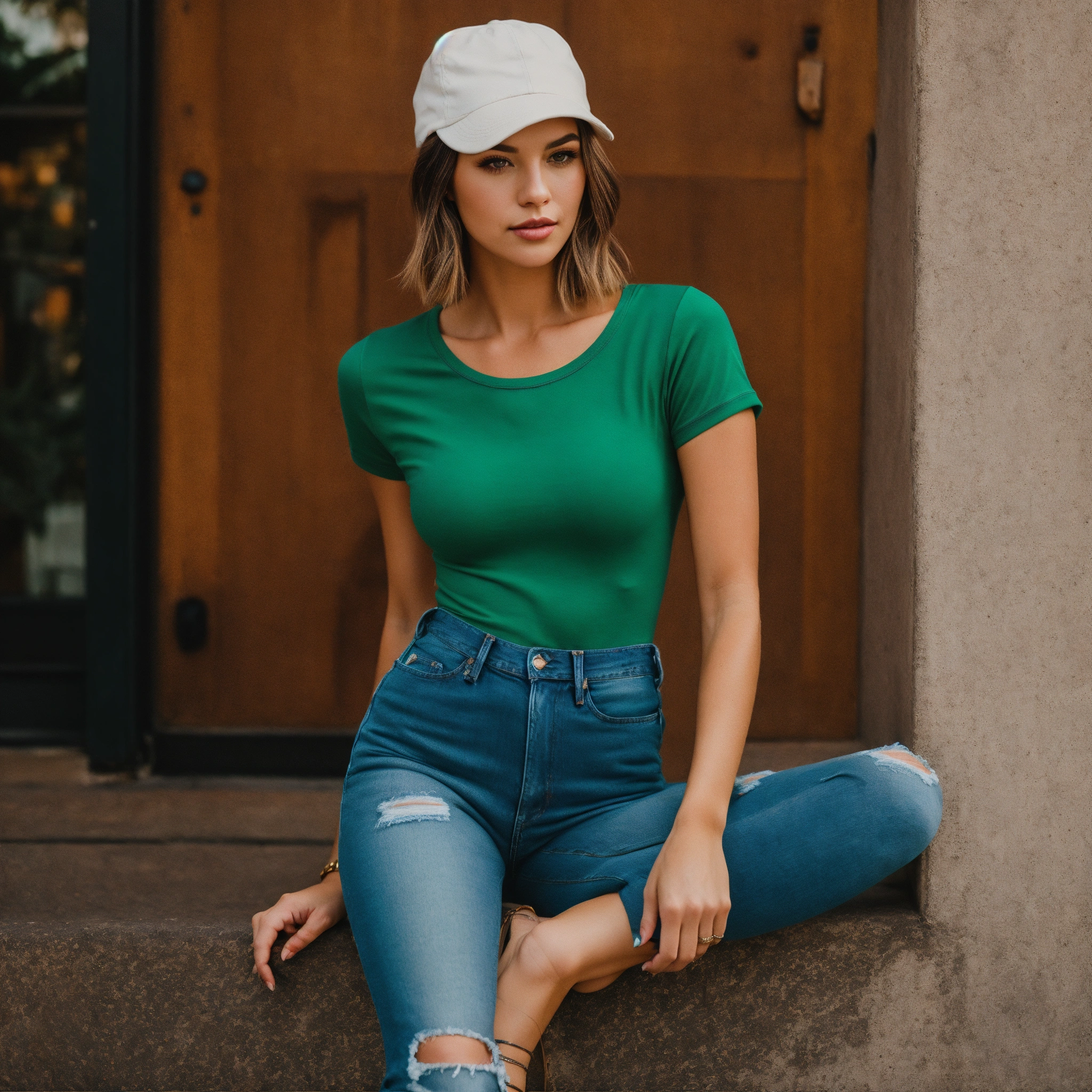Lexica - Caucasian woman wearing a fitted basic kelly green short cap ...