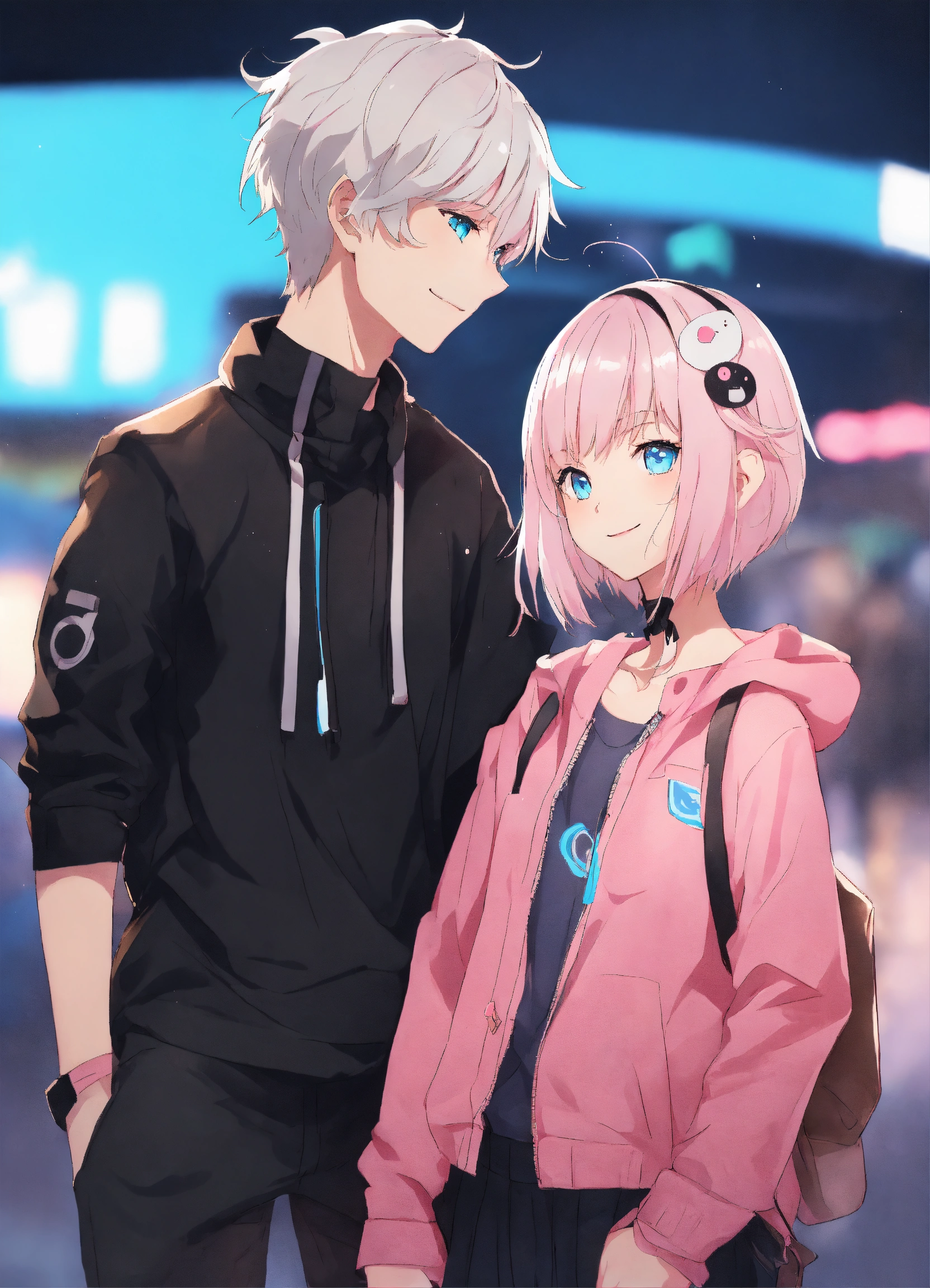 Lexica - Anime artwork of a 20 year old girl with short white hair and a  boy hair cut, wearing black, pink accents, smiling, blue eyes