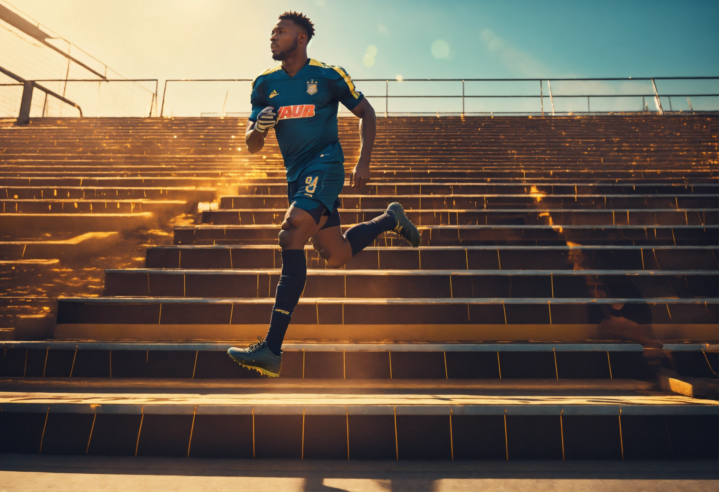 Lexica - A black football player running up the stairs to a football ...