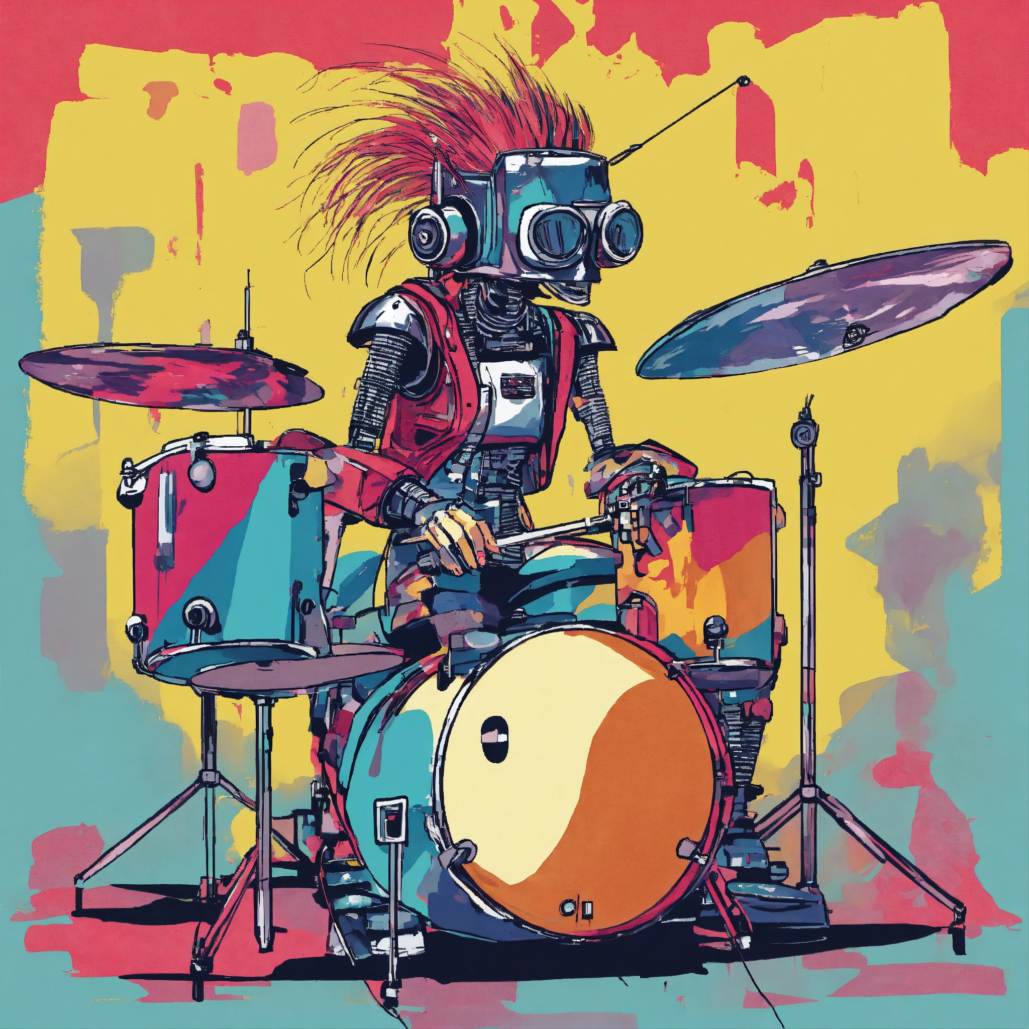 Lexica - Punk rocker as a robot playing the drums, abstract illustration