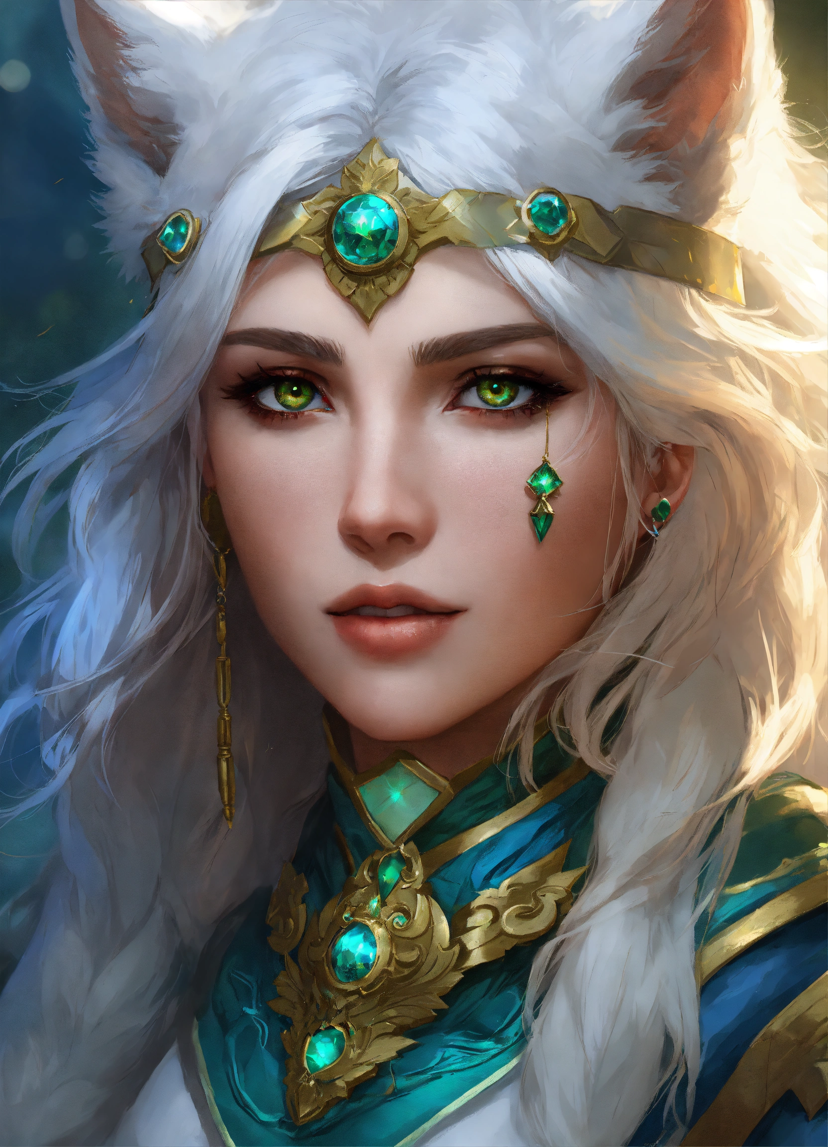 Lexica - Aasimar, Female, Druid, Gold Eyes, White Hair, Blue-green Skin 