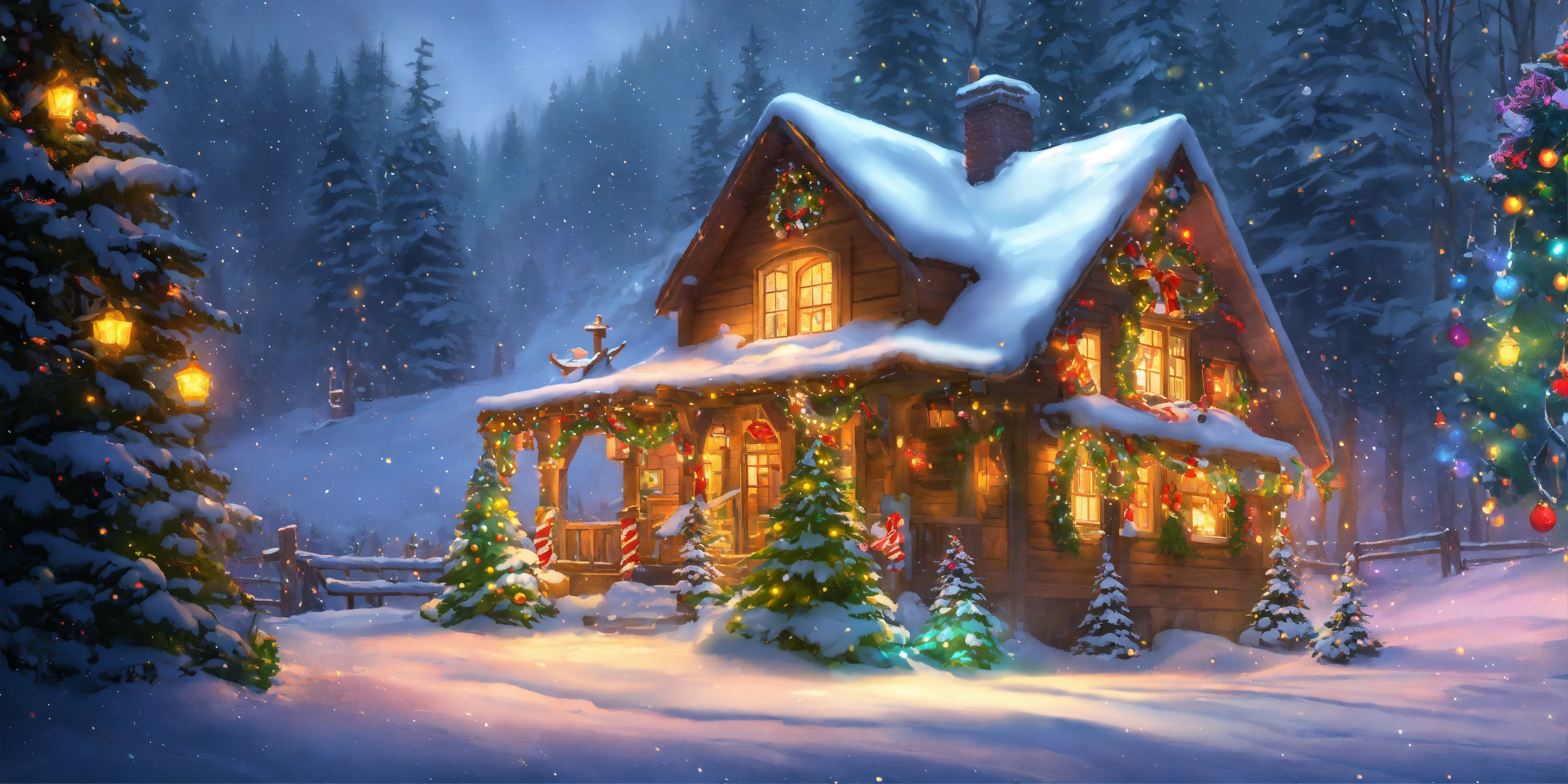 Lexica - Art style by Thomas Kinkade, cozy romantic Christmas cabin ...