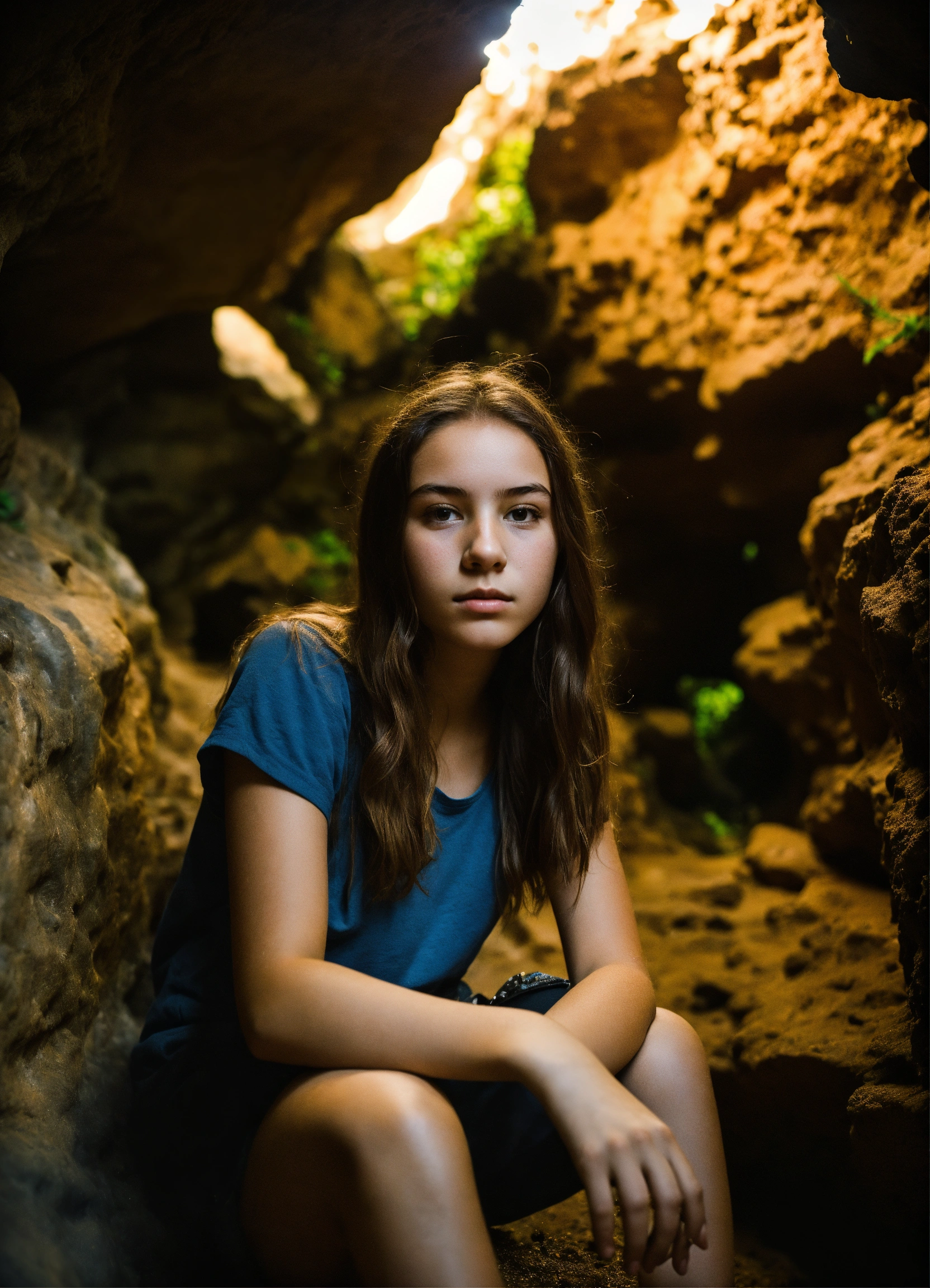 Lexica - 18 year old girl in a cave, looking at the camera