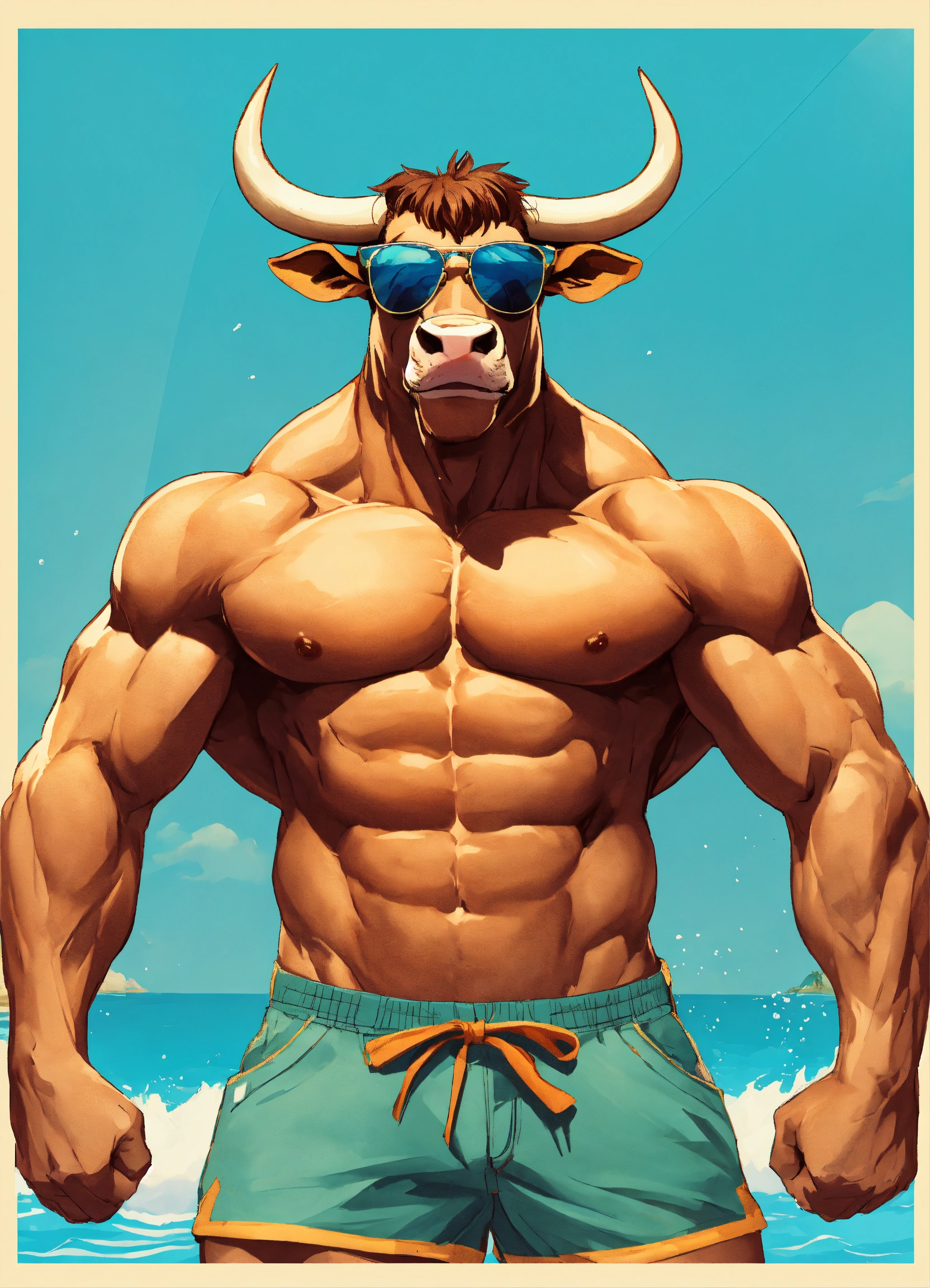 Lexica - A riped bull with abs and shorts and sunglasses and a Bigg